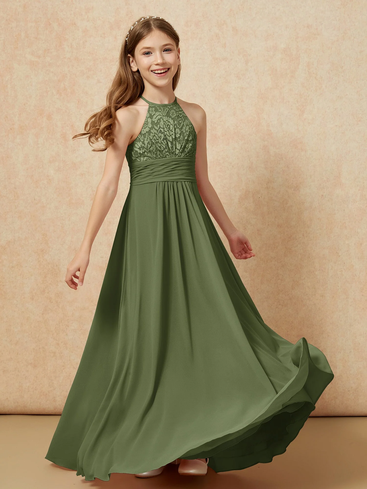 Halshalter Spitzen Oberteil Chiffon Junge Brautjungfernkleider Olivgrün - Image 4