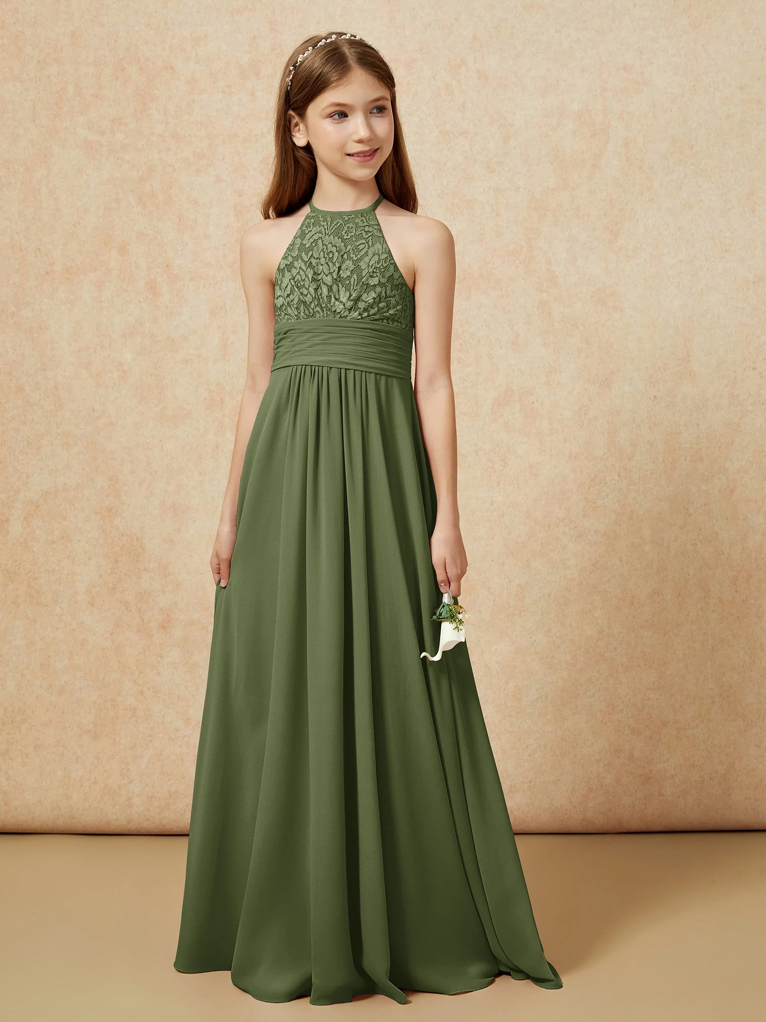 Halshalter Spitzen Oberteil Chiffon Junge Brautjungfernkleider Olivgrün - Image 5