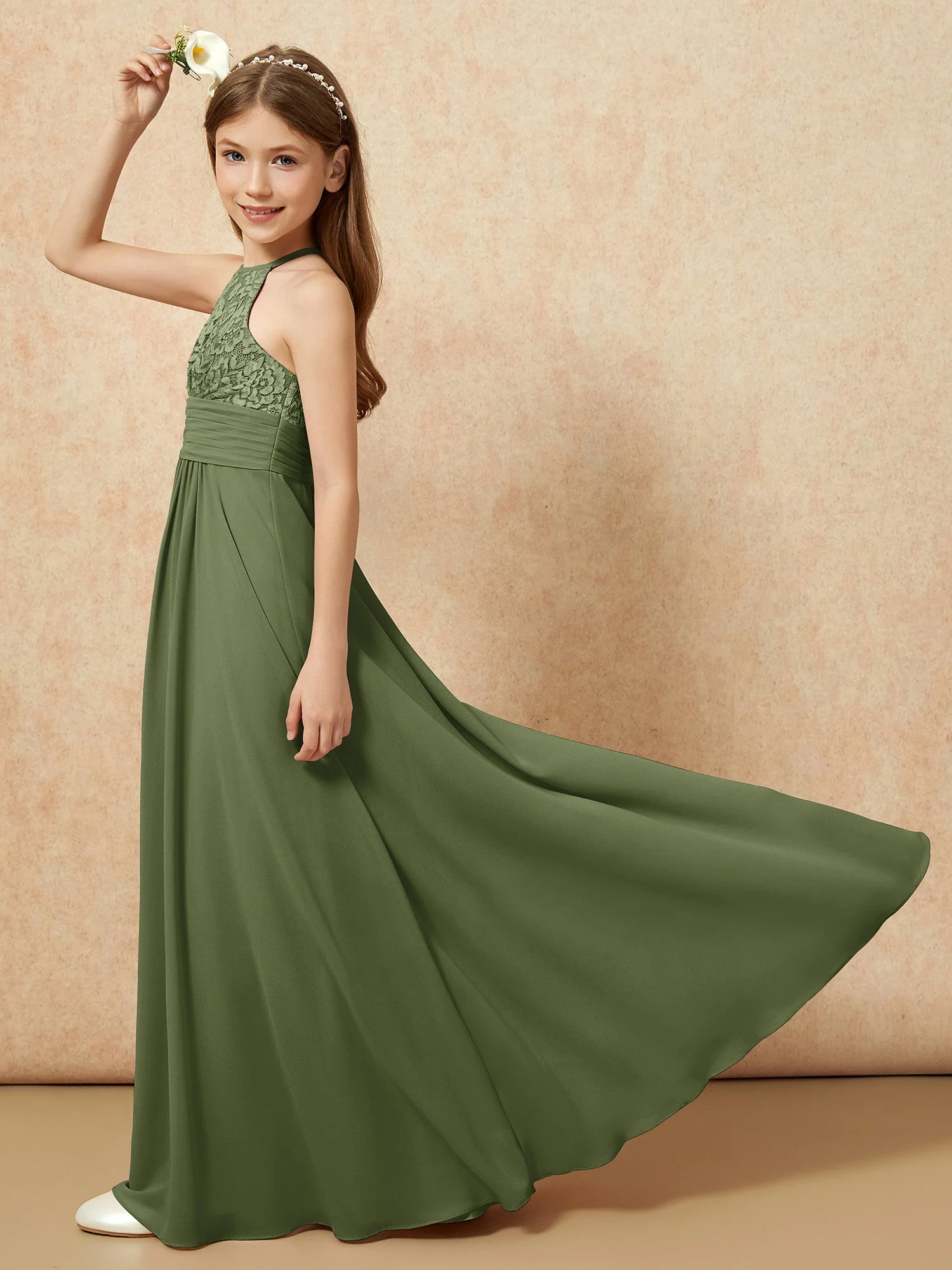 Halshalter Spitzen Oberteil Chiffon Junge Brautjungfernkleider Olivgrün - Image 6