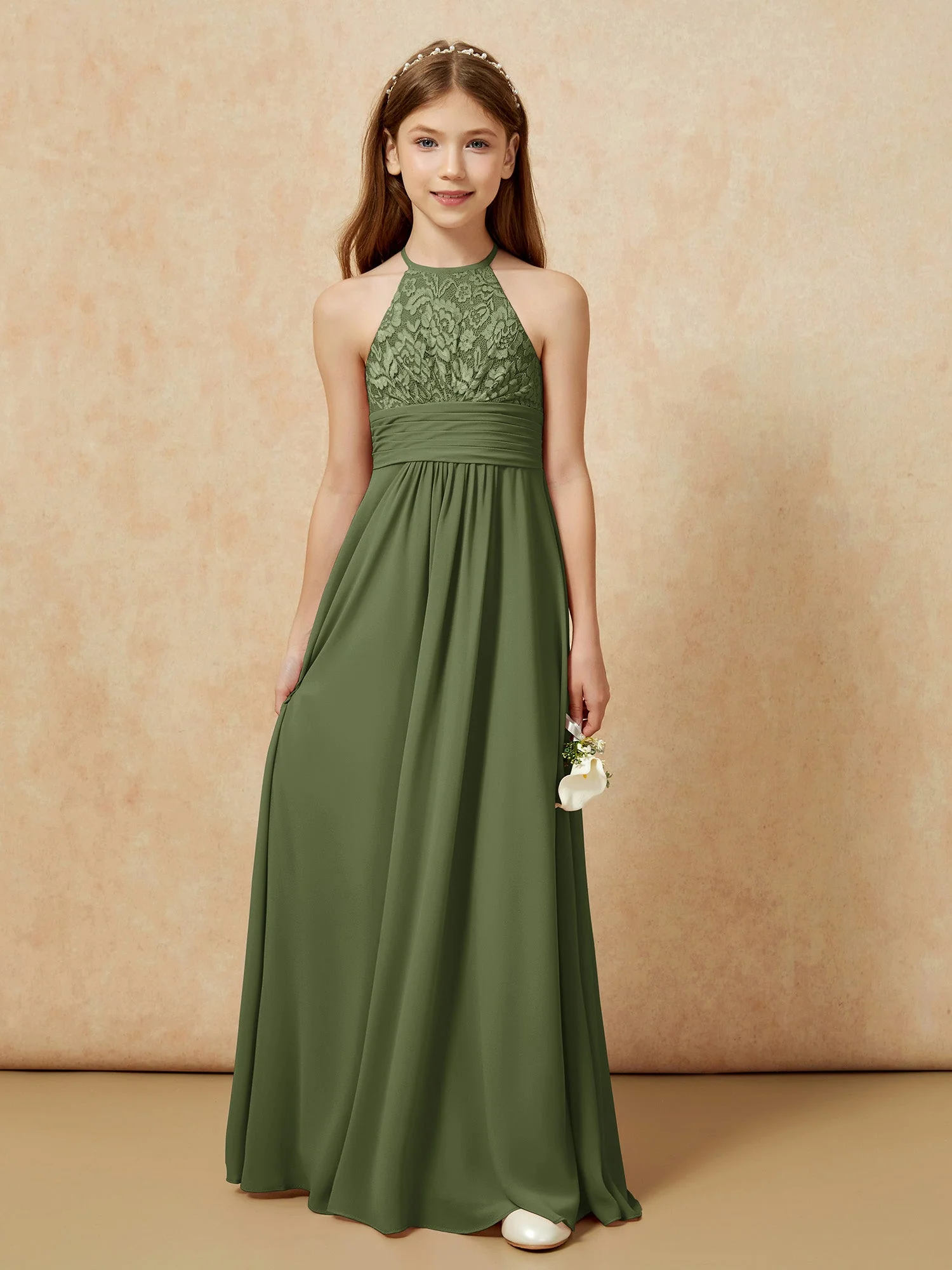Halshalter Spitzen Oberteil Chiffon Junge Brautjungfernkleider Olivgrün - Image 7