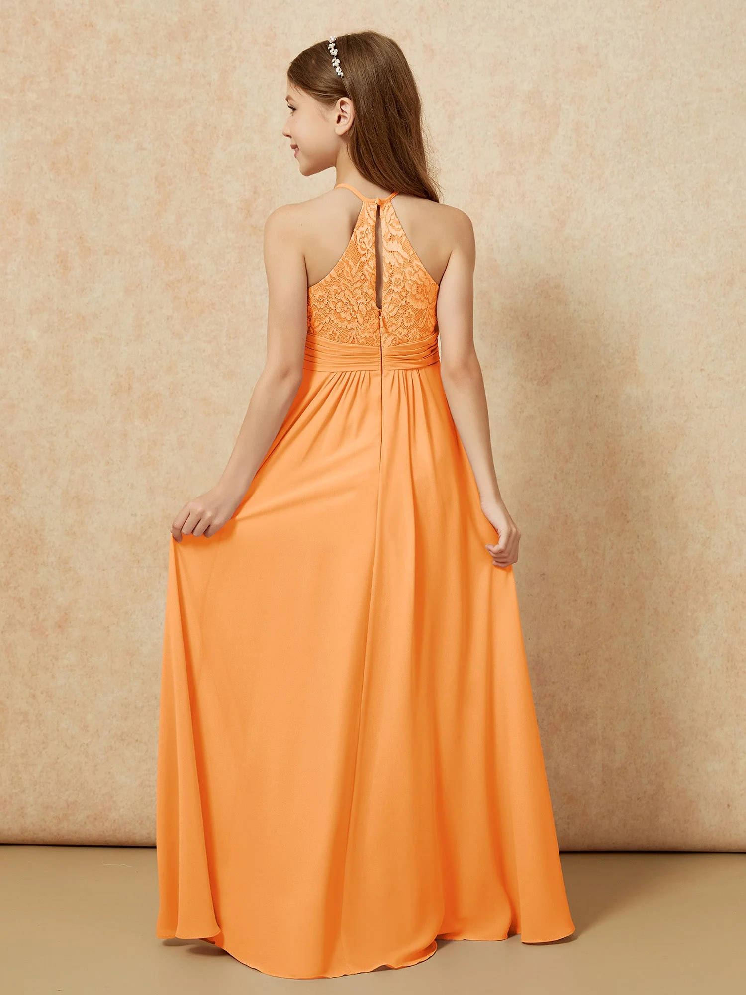 Halshalter Spitzen Oberteil Chiffon Junge Brautjungfernkleider Orange - Image 2