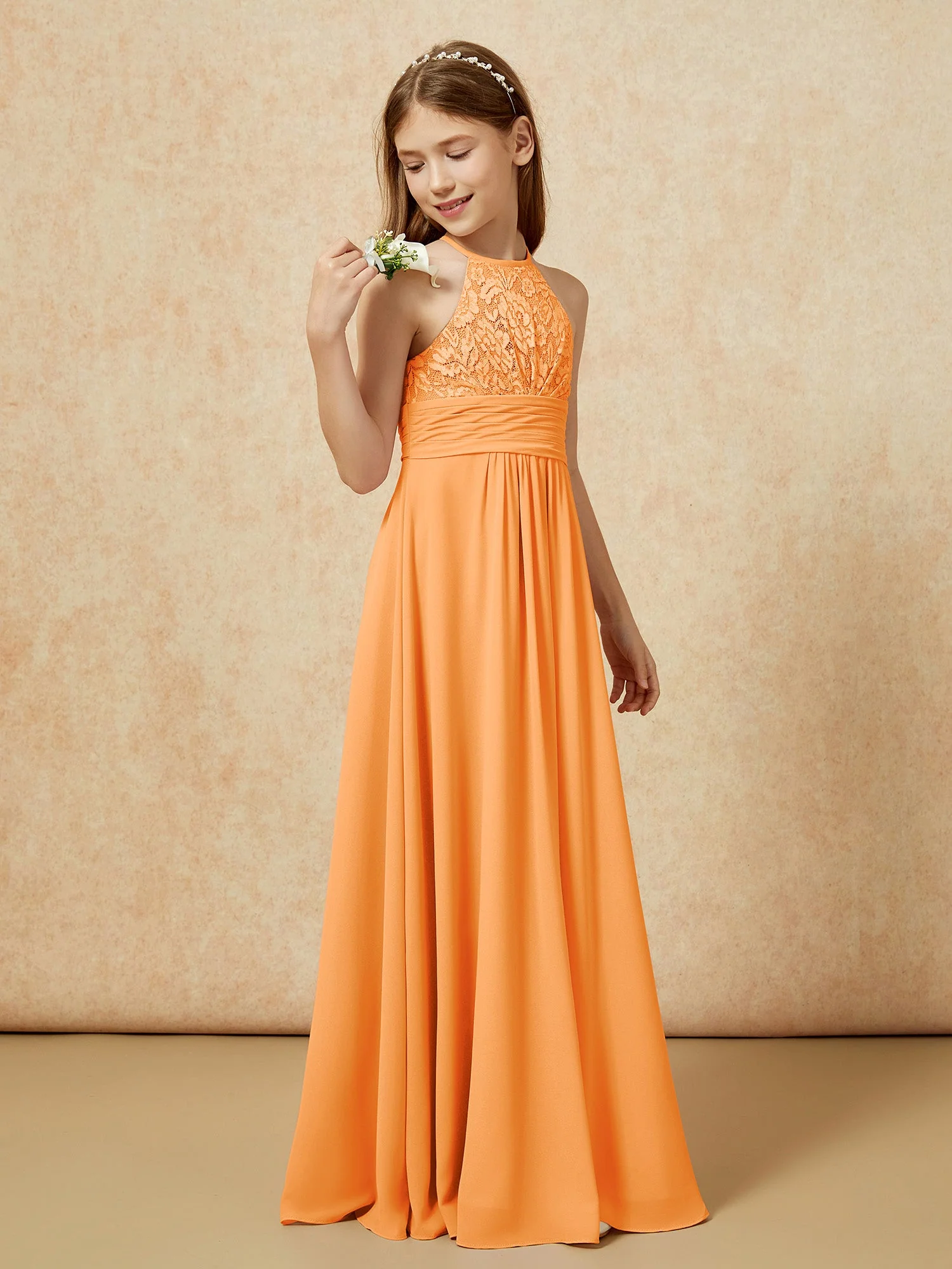 Halshalter Spitzen Oberteil Chiffon Junge Brautjungfernkleider Orange - Image 3