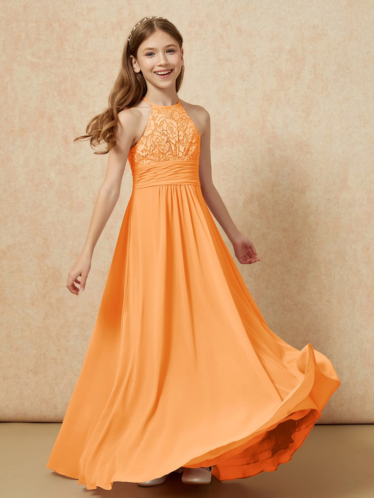 Halshalter Spitzen Oberteil Chiffon Junge Brautjungfernkleider Orange - Image 4