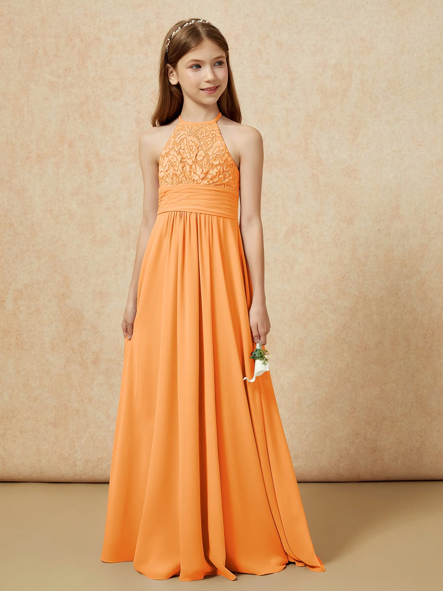 Halshalter Spitzen Oberteil Chiffon Junge Brautjungfernkleider Orange - Image 5