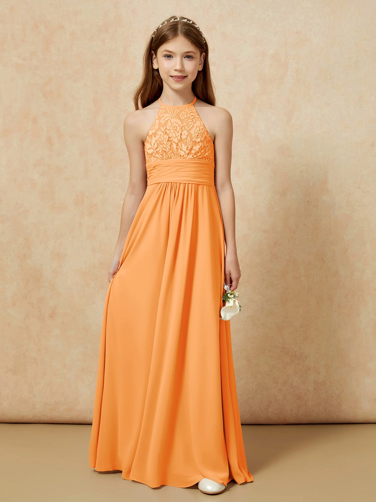Halshalter Spitzen Oberteil Chiffon Junge Brautjungfernkleider Orange - Image 7