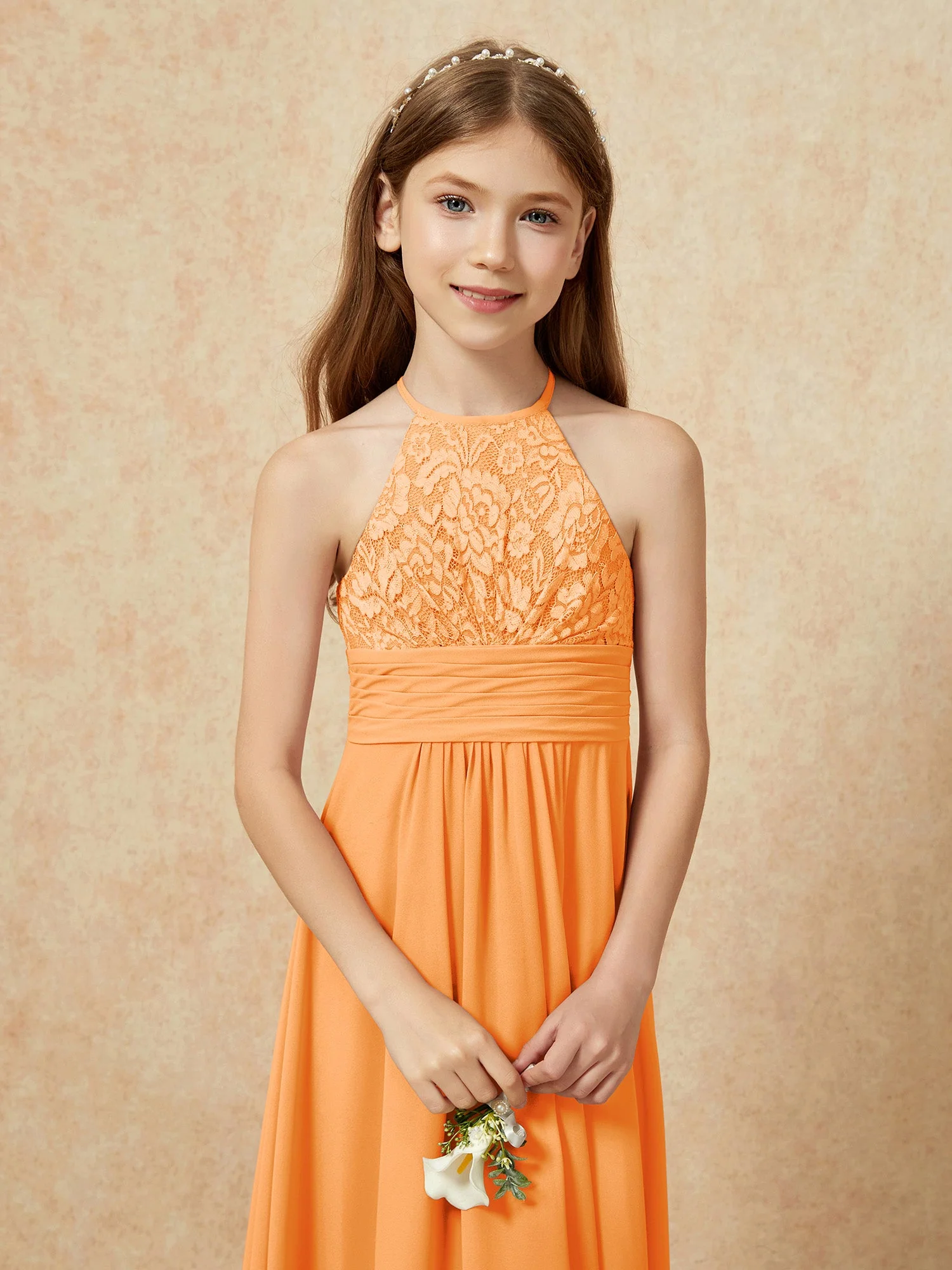 Halshalter Spitzen Oberteil Chiffon Junge Brautjungfernkleider Orange - Image 8