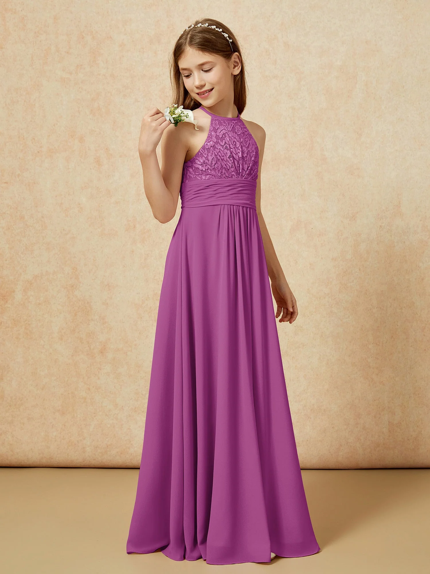 Halshalter Spitzen Oberteil Chiffon Junge Brautjungfernkleider Orchidee - Image 3