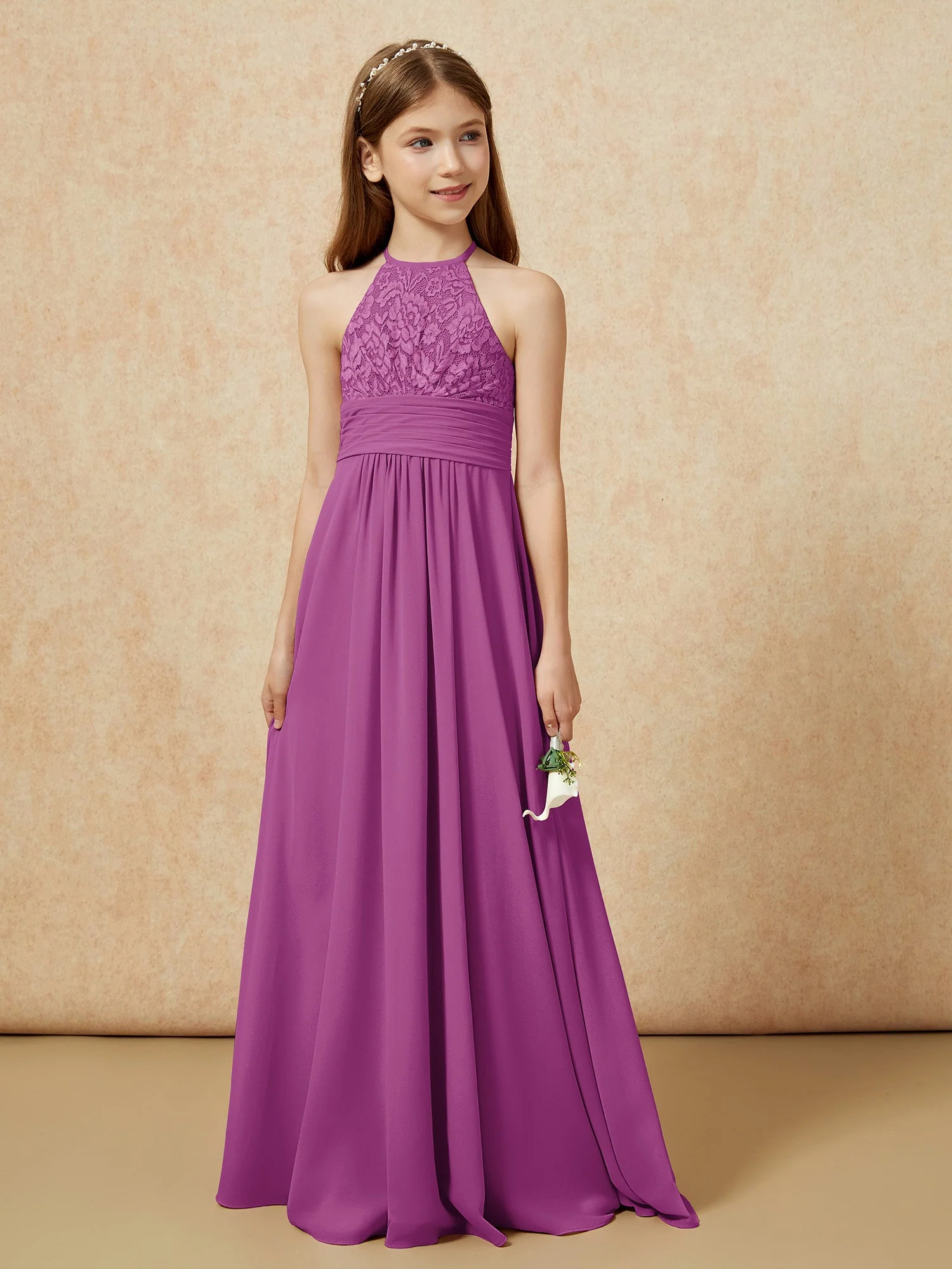 Halshalter Spitzen Oberteil Chiffon Junge Brautjungfernkleider Orchidee - Image 5