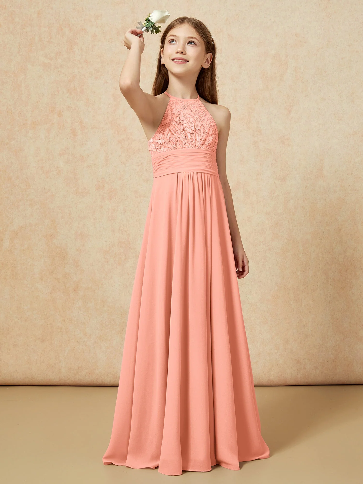 Halshalter Spitzen Oberteil Chiffon Junge Brautjungfernkleider Papaya
