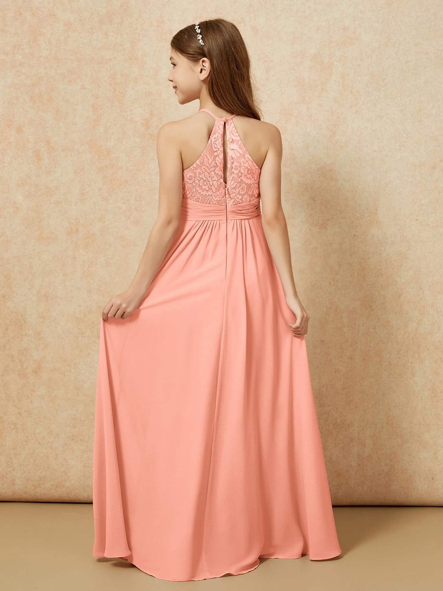 Halshalter Spitzen Oberteil Chiffon Junge Brautjungfernkleider Papaya - Image 2