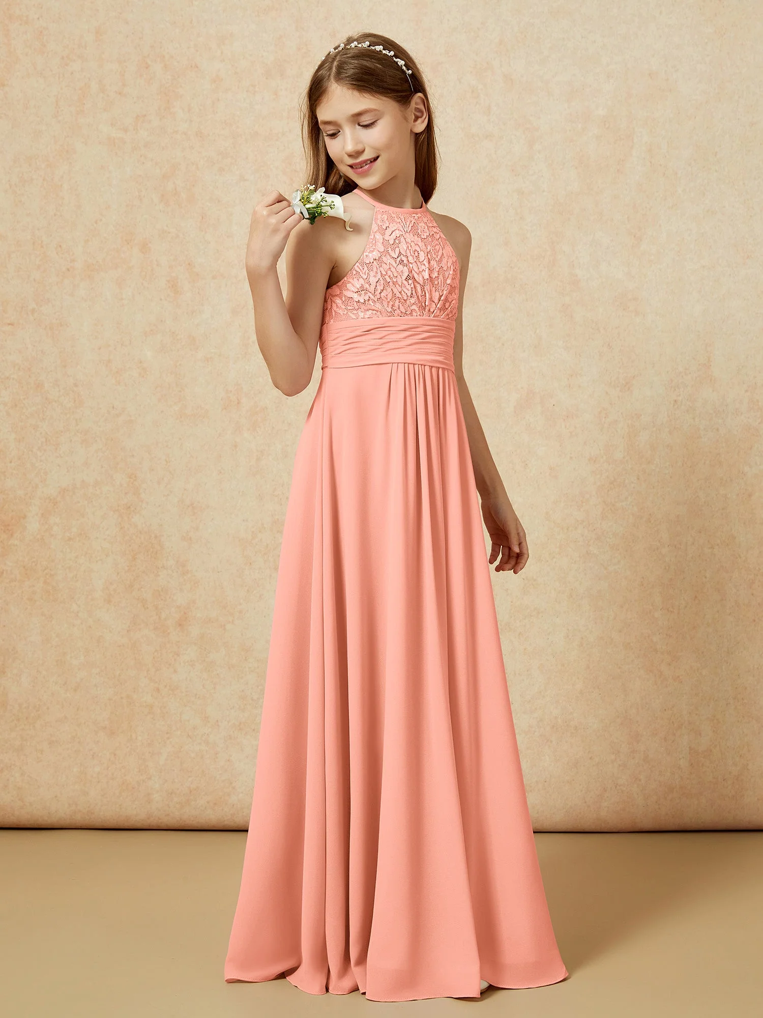 Halshalter Spitzen Oberteil Chiffon Junge Brautjungfernkleider Papaya - Image 3