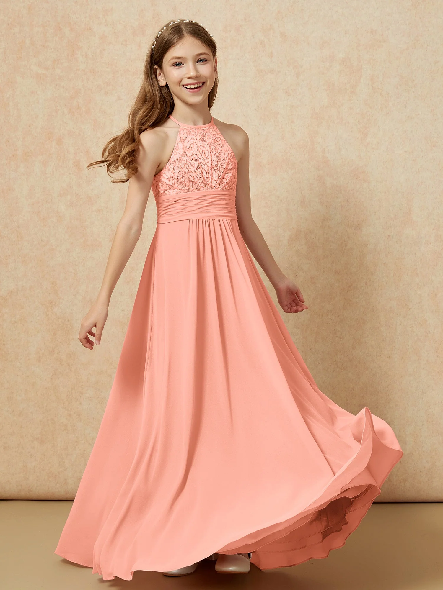 Halshalter Spitzen Oberteil Chiffon Junge Brautjungfernkleider Papaya - Image 4