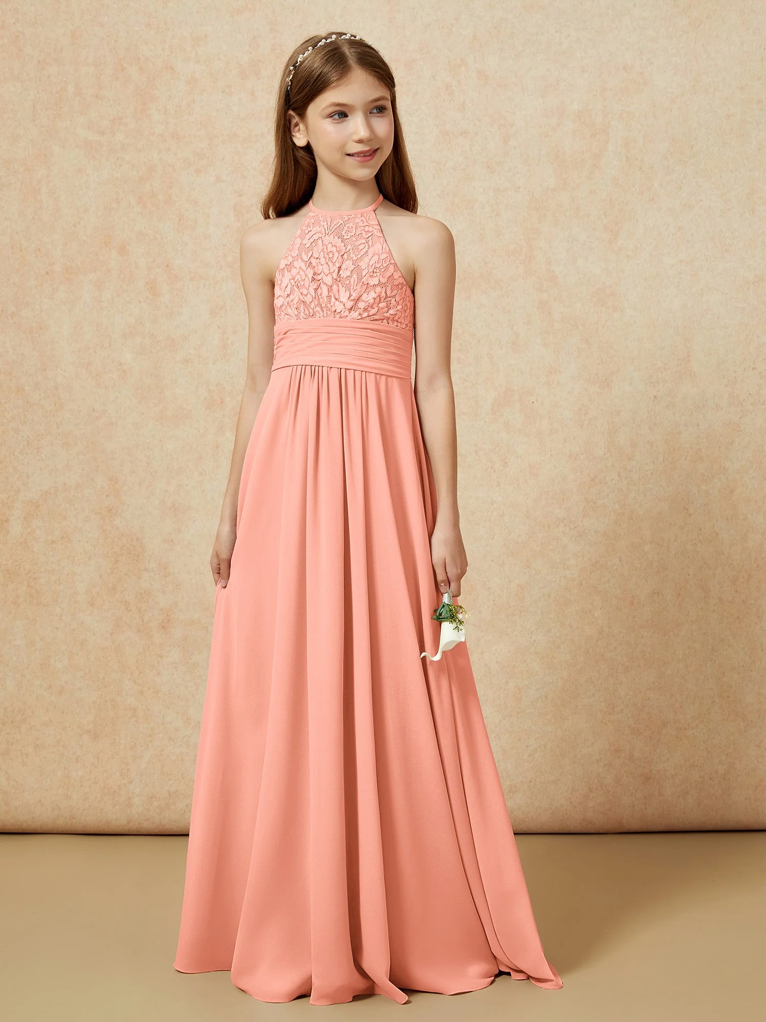Halshalter Spitzen Oberteil Chiffon Junge Brautjungfernkleider Papaya - Image 5