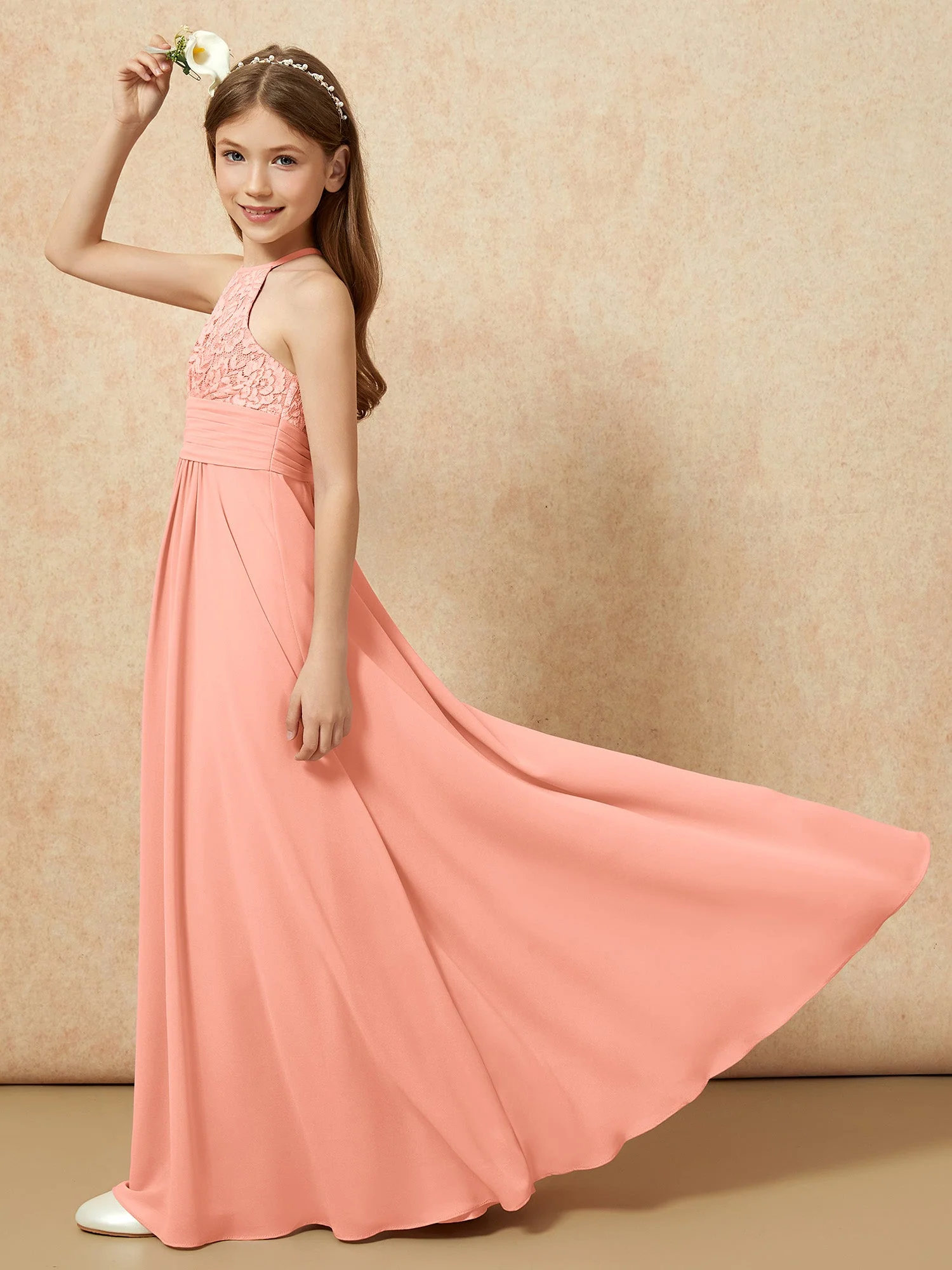 Halshalter Spitzen Oberteil Chiffon Junge Brautjungfernkleider Papaya - Image 6