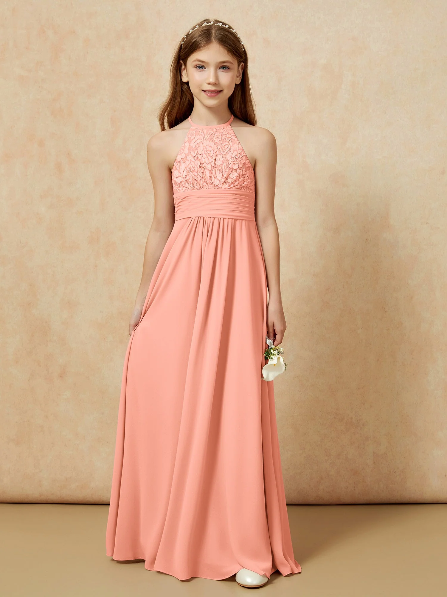 Halshalter Spitzen Oberteil Chiffon Junge Brautjungfernkleider Papaya - Image 7