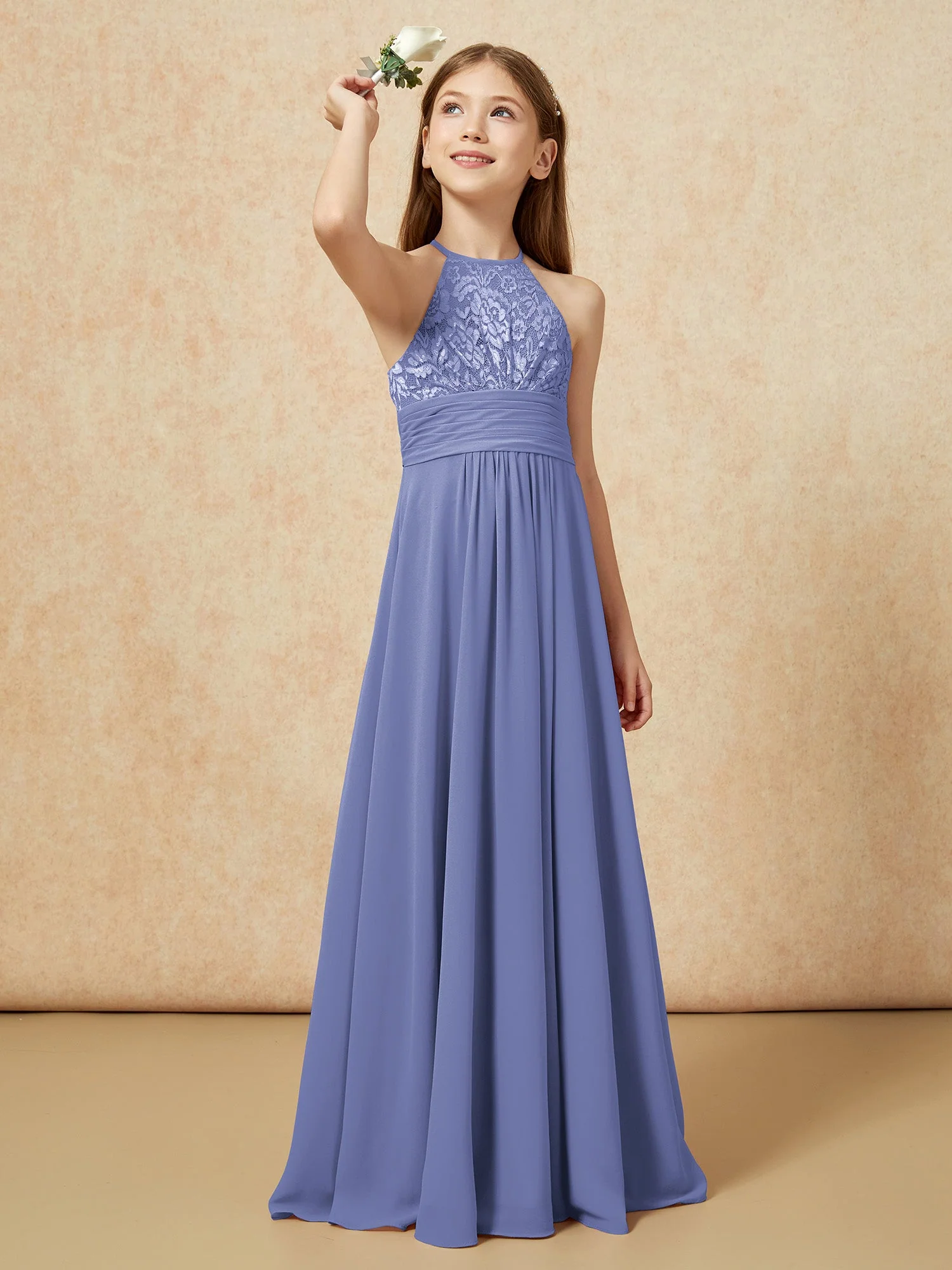 Halshalter Spitzen Oberteil Chiffon Junge Brautjungfernkleider Periwinkleblau