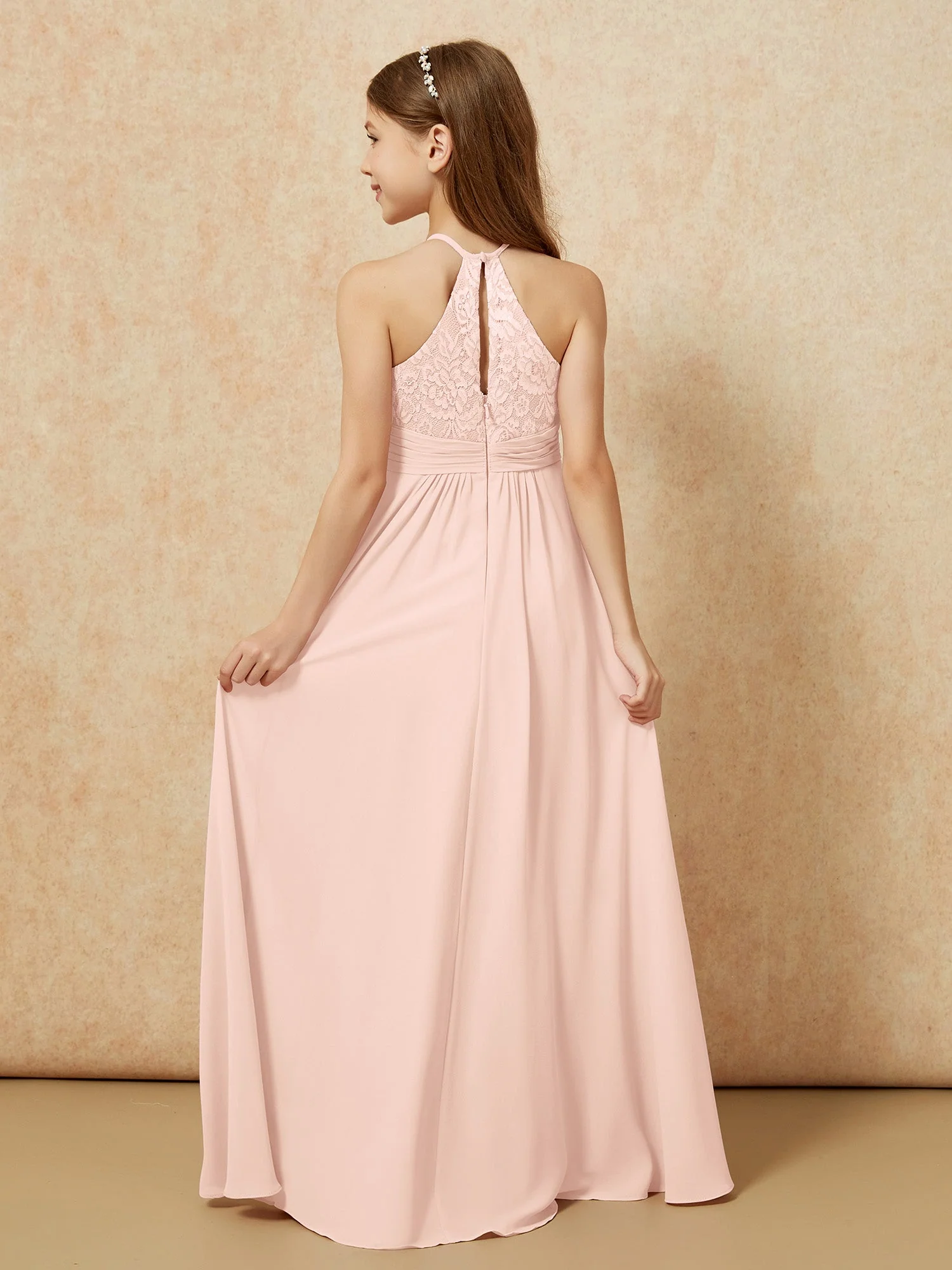 Halshalter Spitzen Oberteil Chiffon Junge Brautjungfernkleider Perlrosa - Image 2