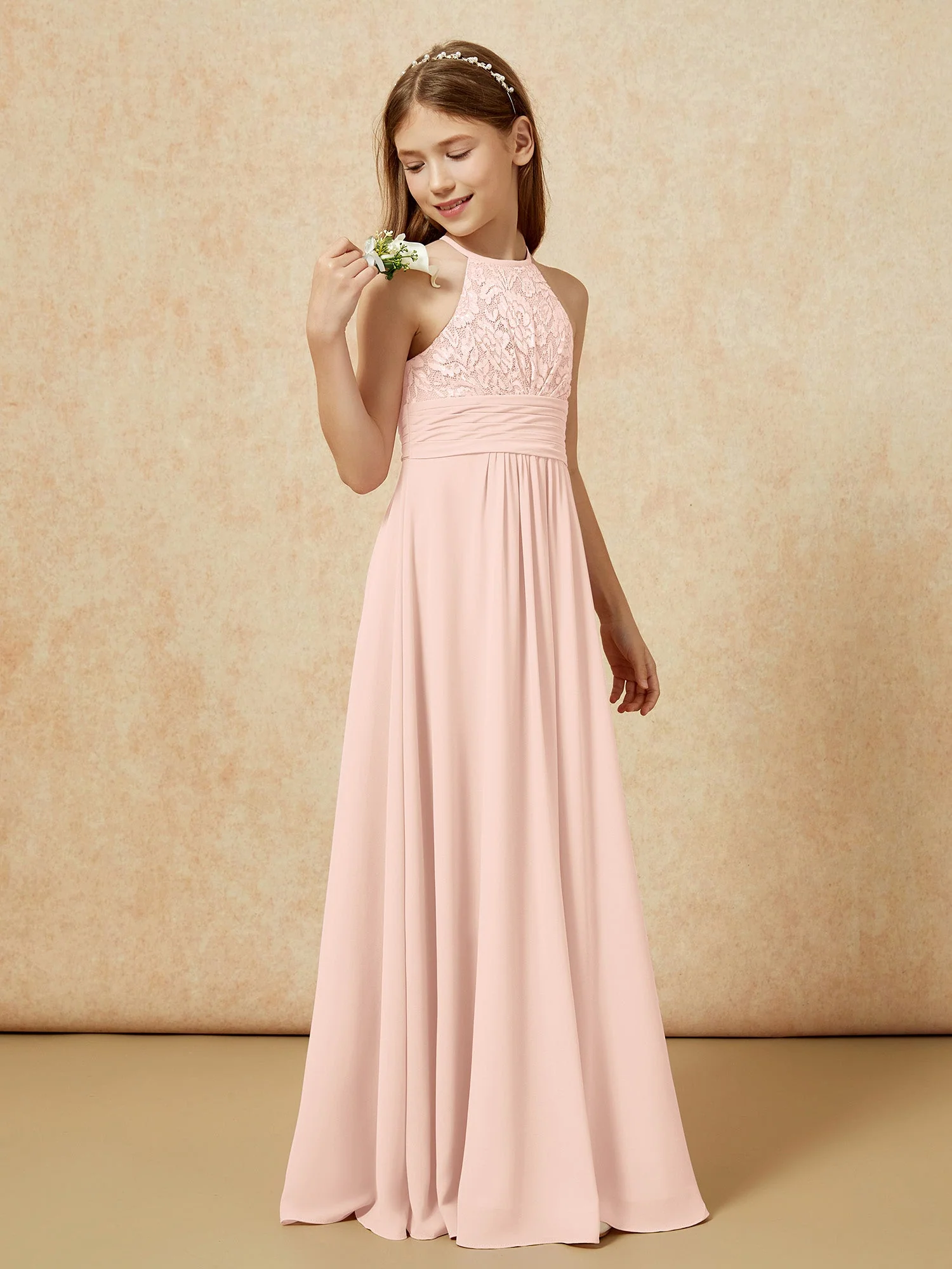 Halshalter Spitzen Oberteil Chiffon Junge Brautjungfernkleider Perlrosa - Image 3