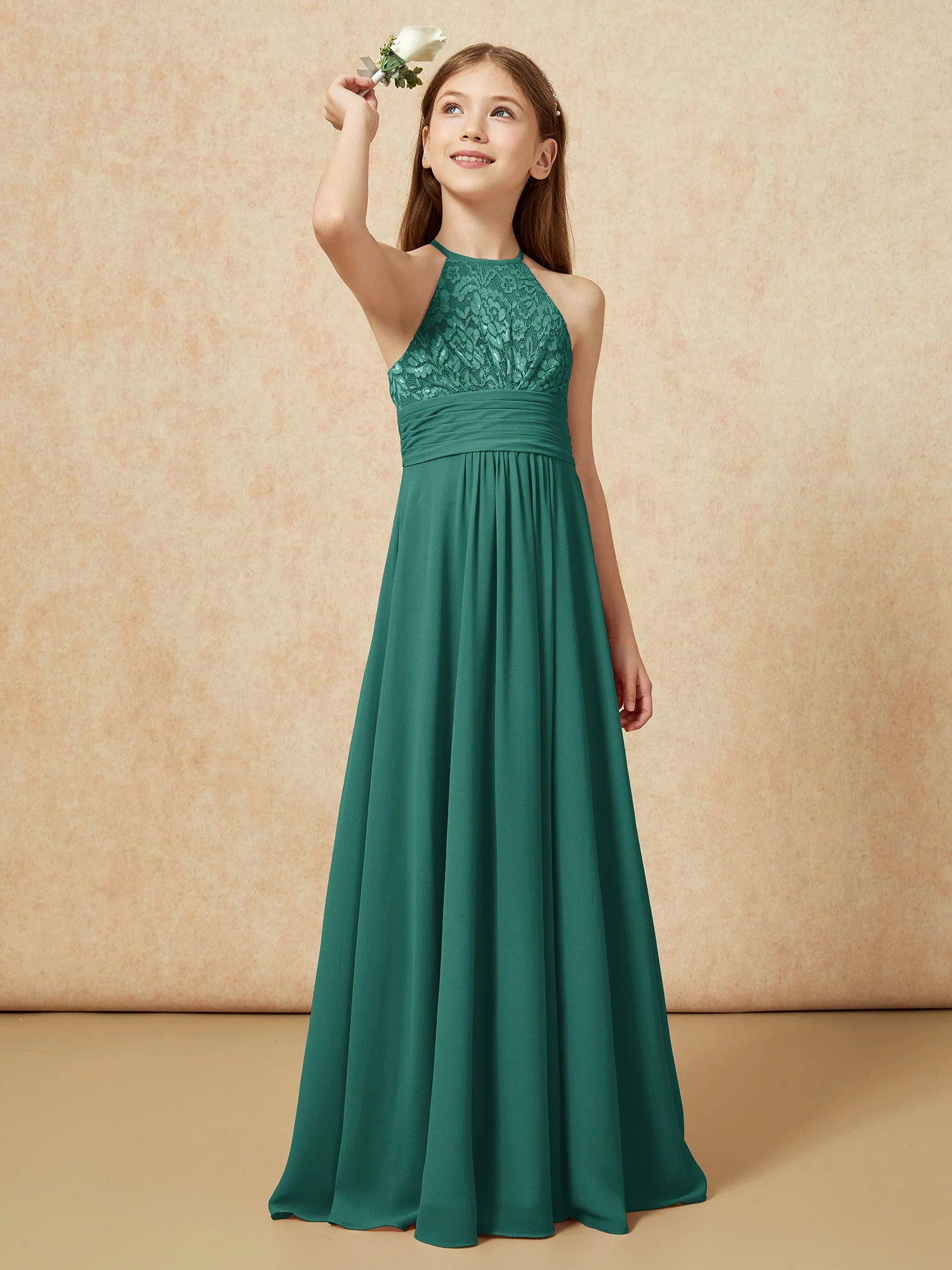 Halshalter Spitzen Oberteil Chiffon Junge Brautjungfernkleider Pfau