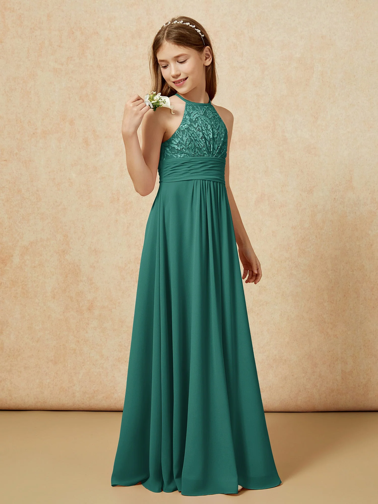 Halshalter Spitzen Oberteil Chiffon Junge Brautjungfernkleider Pfau - Image 3