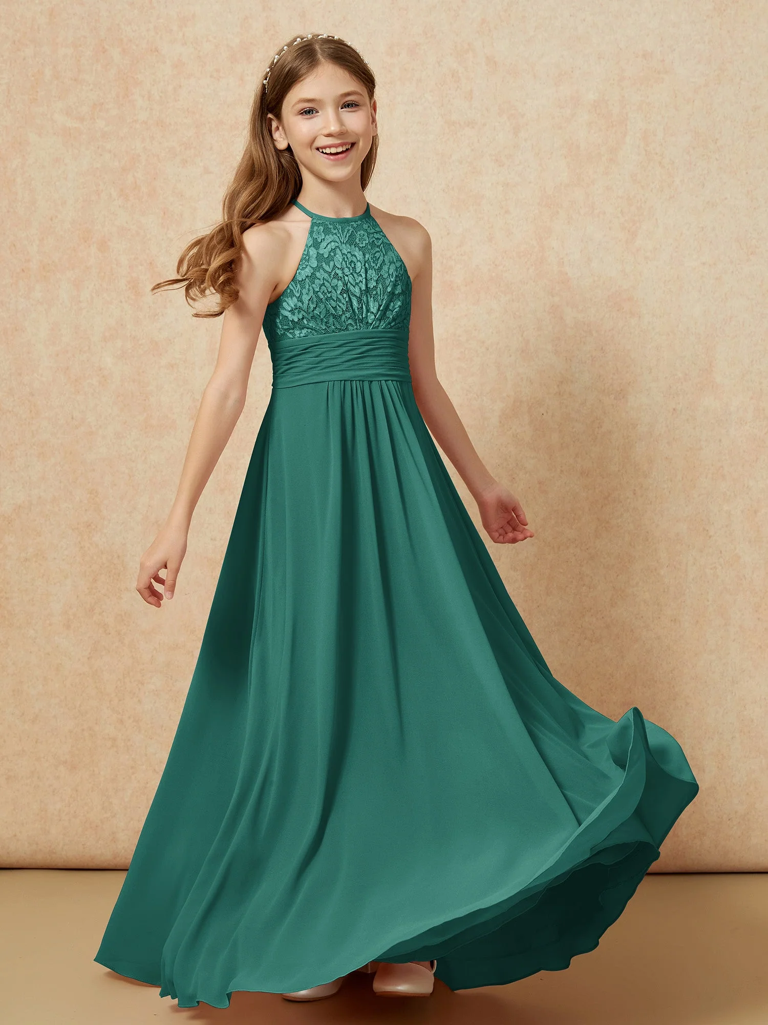 Halshalter Spitzen Oberteil Chiffon Junge Brautjungfernkleider Pfau - Image 4