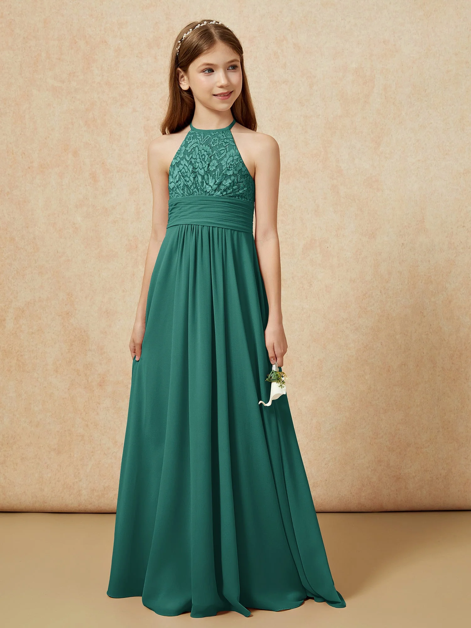 Halshalter Spitzen Oberteil Chiffon Junge Brautjungfernkleider Pfau - Image 5