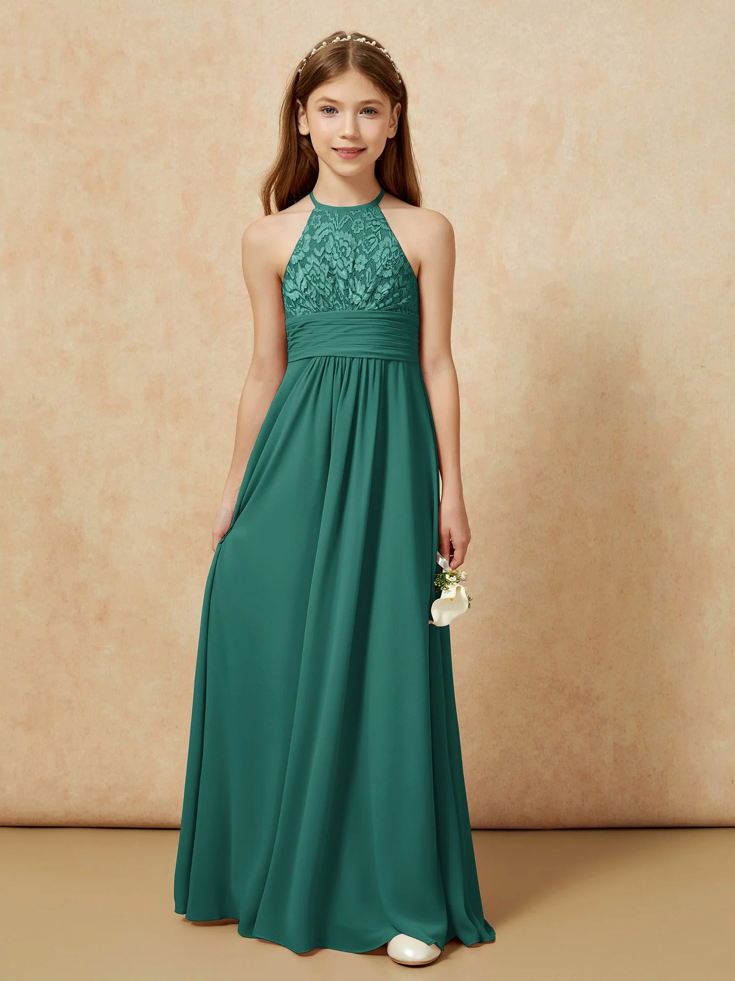 Halshalter Spitzen Oberteil Chiffon Junge Brautjungfernkleider Pfau - Image 7