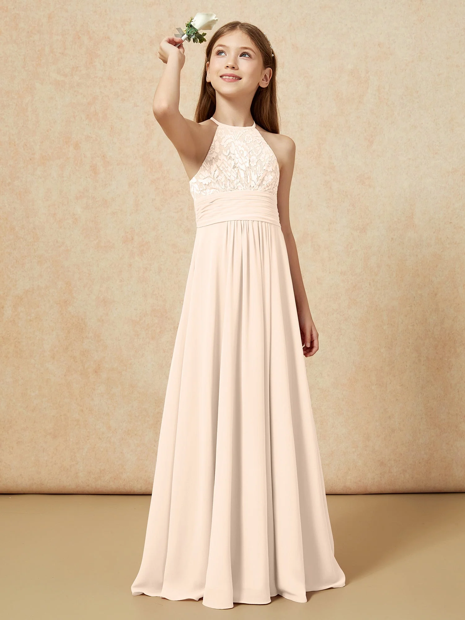 Halshalter Spitzen Oberteil Chiffon Junge Brautjungfernkleider Pfirsich