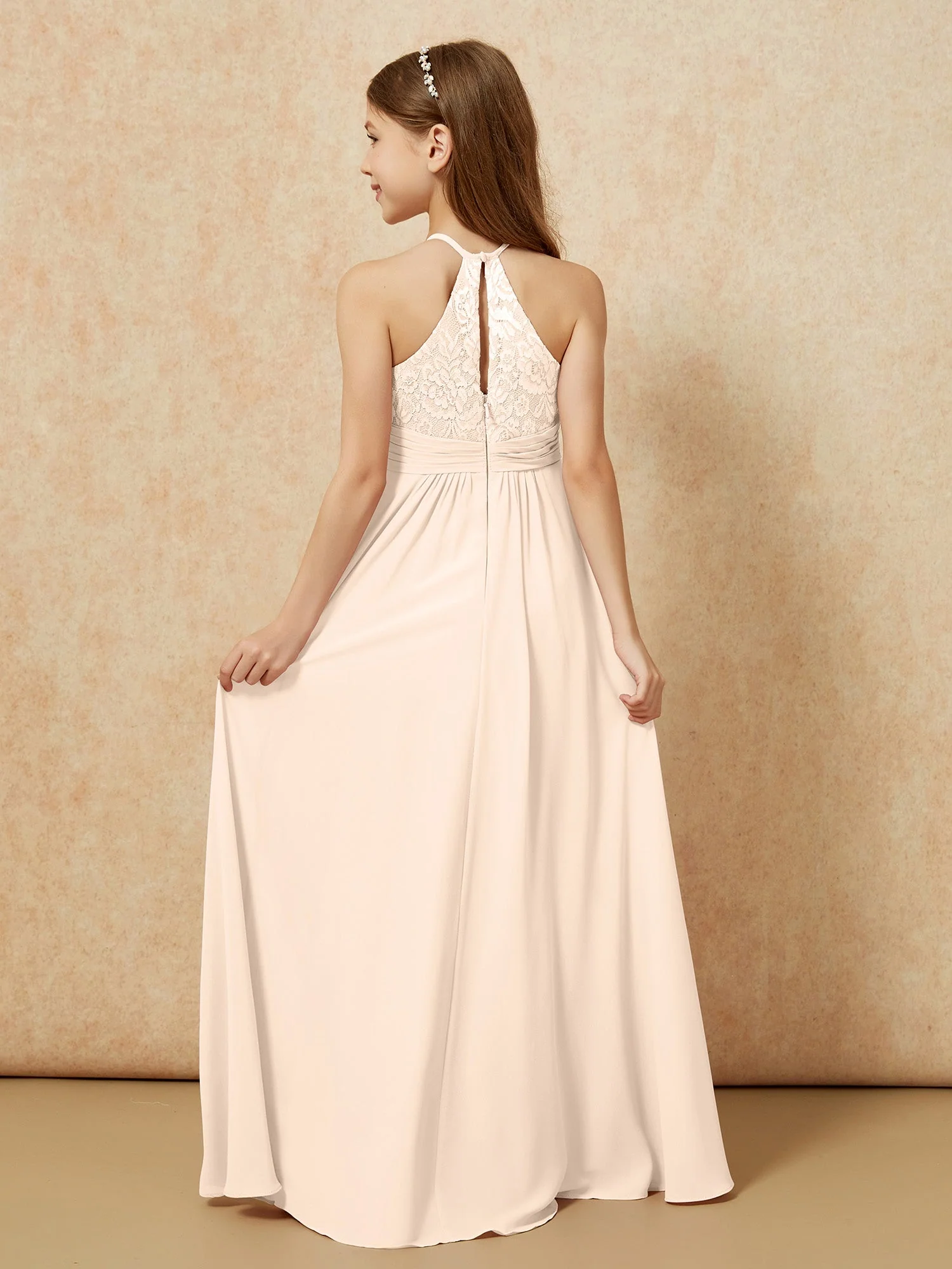 Halshalter Spitzen Oberteil Chiffon Junge Brautjungfernkleider Pfirsich - Image 2