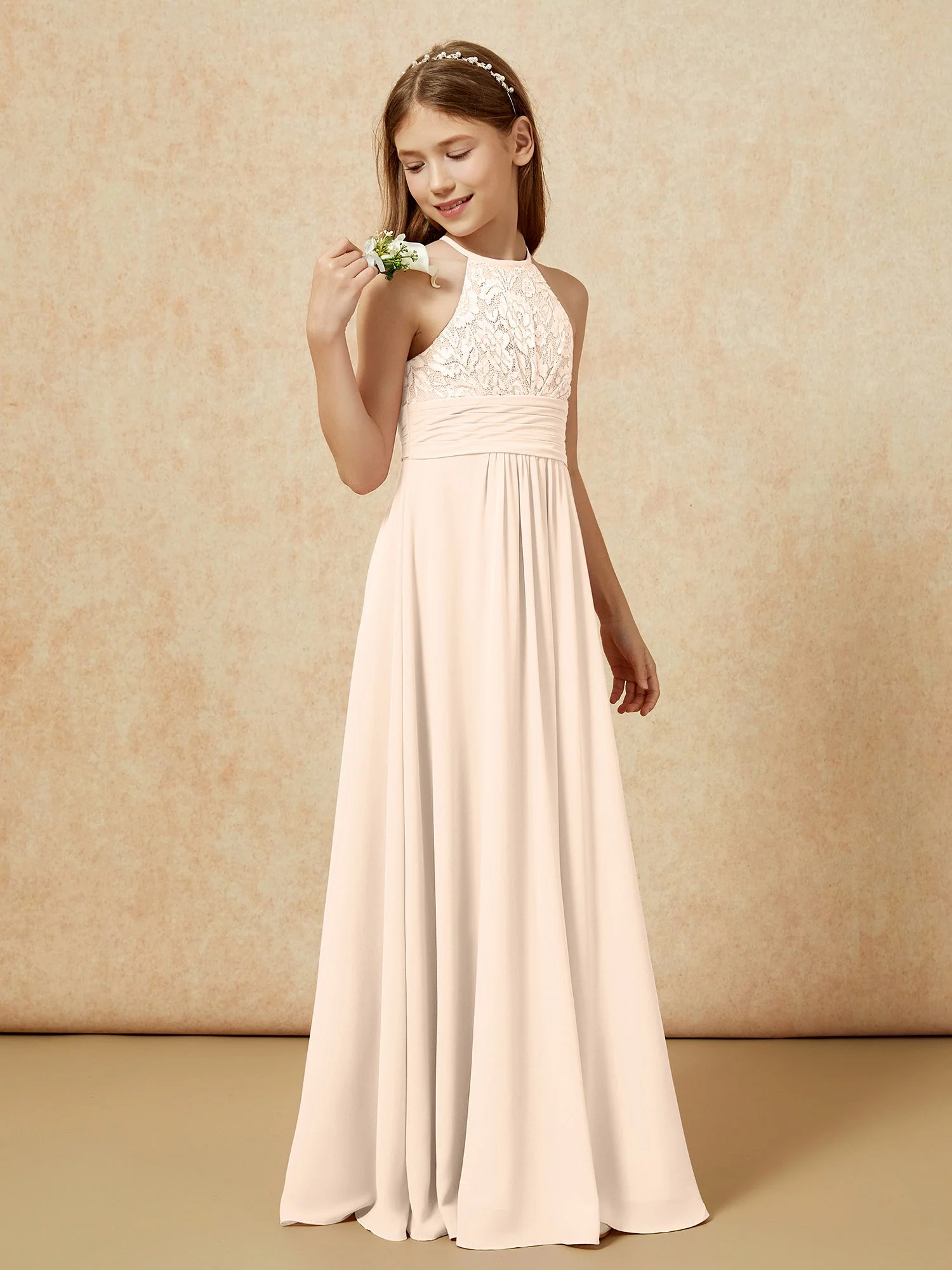 Halshalter Spitzen Oberteil Chiffon Junge Brautjungfernkleider Pfirsich - Image 3