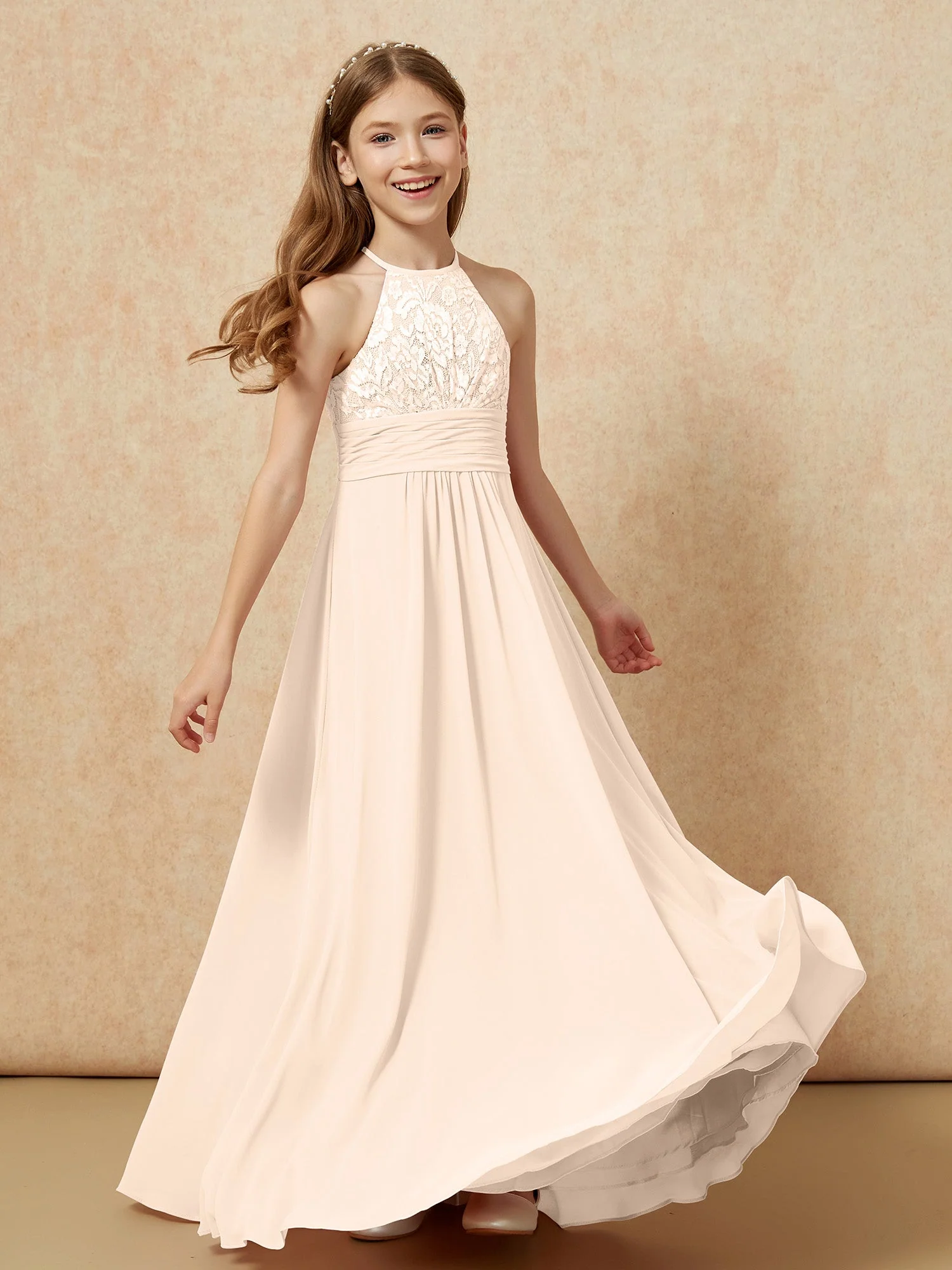 Halshalter Spitzen Oberteil Chiffon Junge Brautjungfernkleider Pfirsich - Image 4