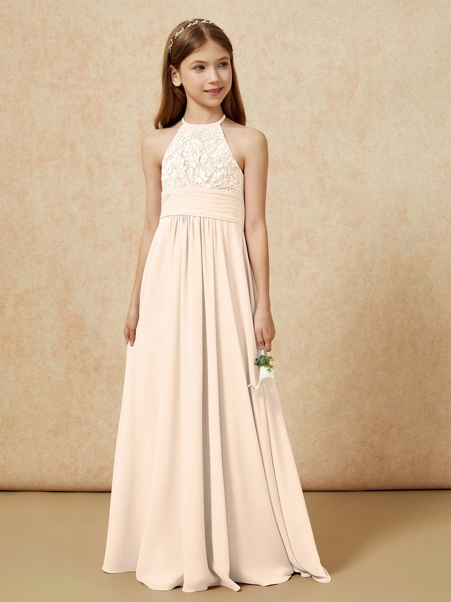 Halshalter Spitzen Oberteil Chiffon Junge Brautjungfernkleider Pfirsich - Image 5