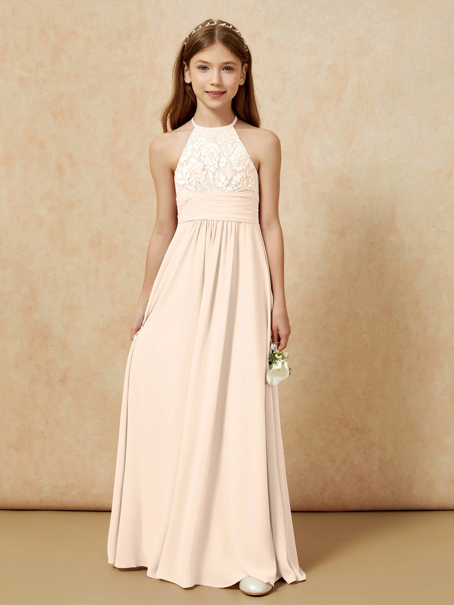 Halshalter Spitzen Oberteil Chiffon Junge Brautjungfernkleider Pfirsich - Image 7