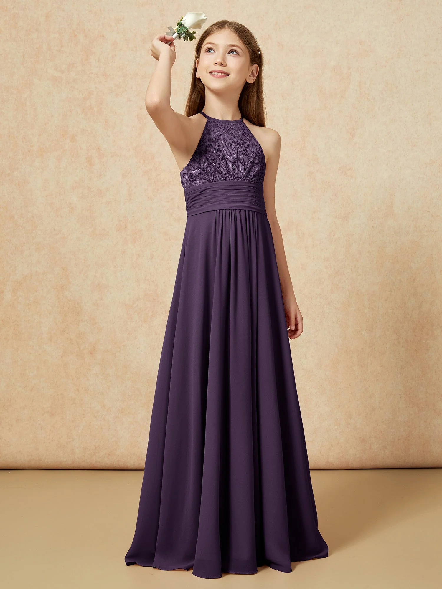 Halshalter Spitzen Oberteil Chiffon Junge Brautjungfernkleider Plum