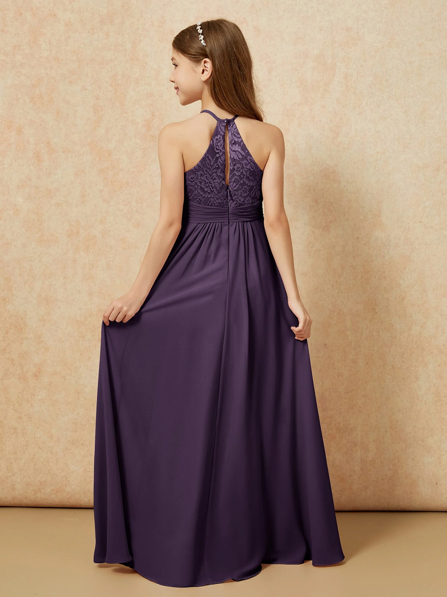 Halshalter Spitzen Oberteil Chiffon Junge Brautjungfernkleider Plum - Image 2