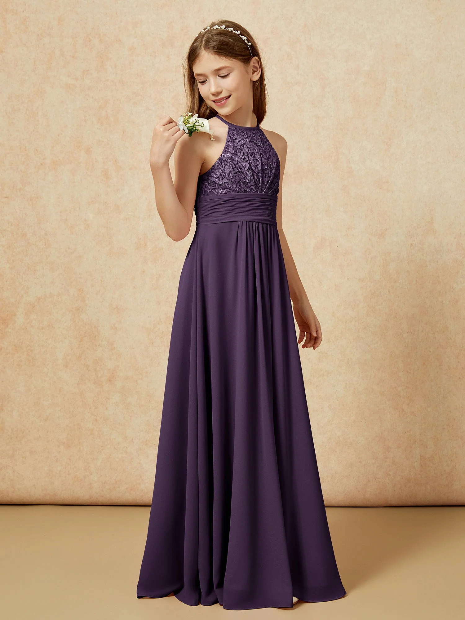 Halshalter Spitzen Oberteil Chiffon Junge Brautjungfernkleider Plum - Image 3