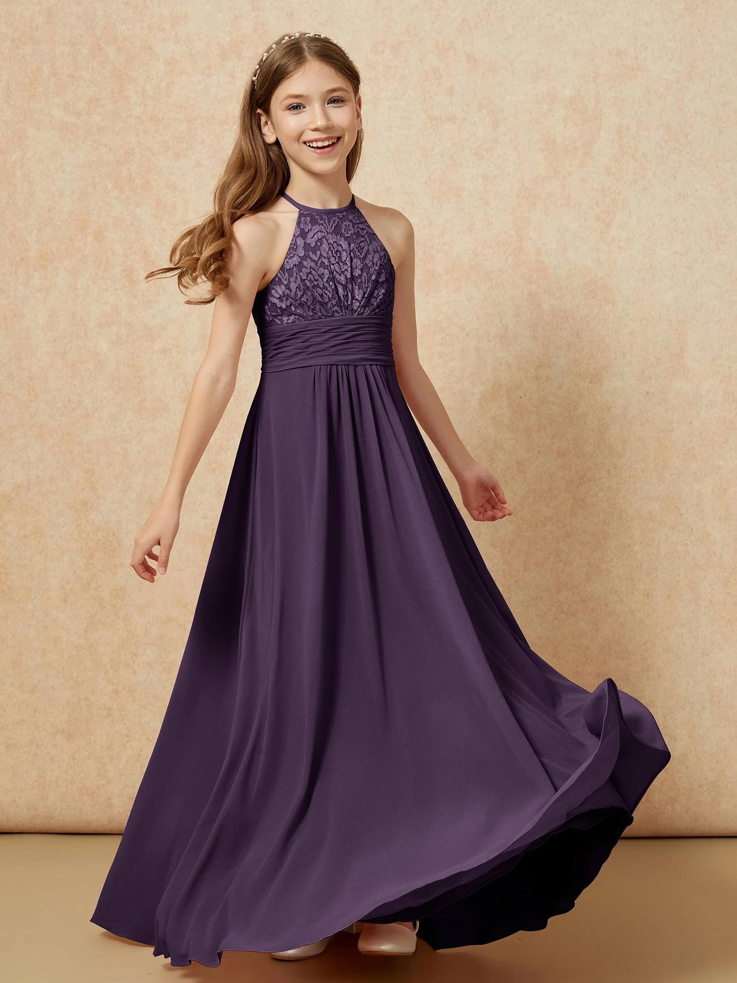 Halshalter Spitzen Oberteil Chiffon Junge Brautjungfernkleider Plum - Image 4