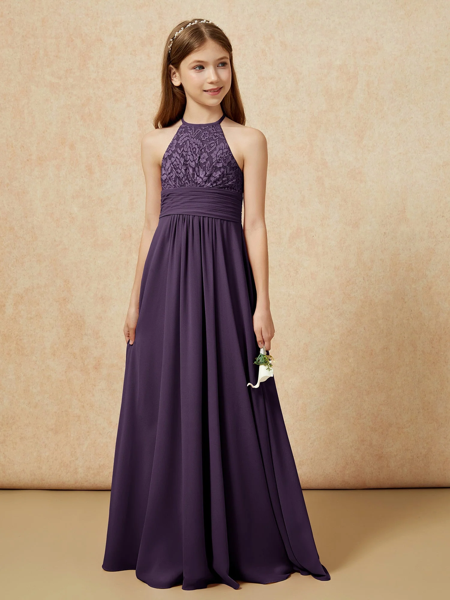 Halshalter Spitzen Oberteil Chiffon Junge Brautjungfernkleider Plum - Image 5