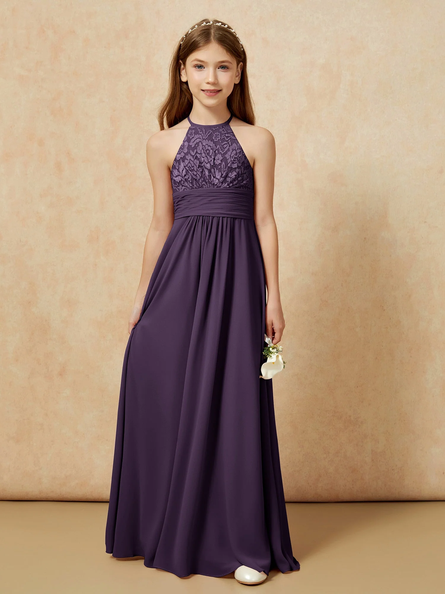 Halshalter Spitzen Oberteil Chiffon Junge Brautjungfernkleider Plum - Image 7