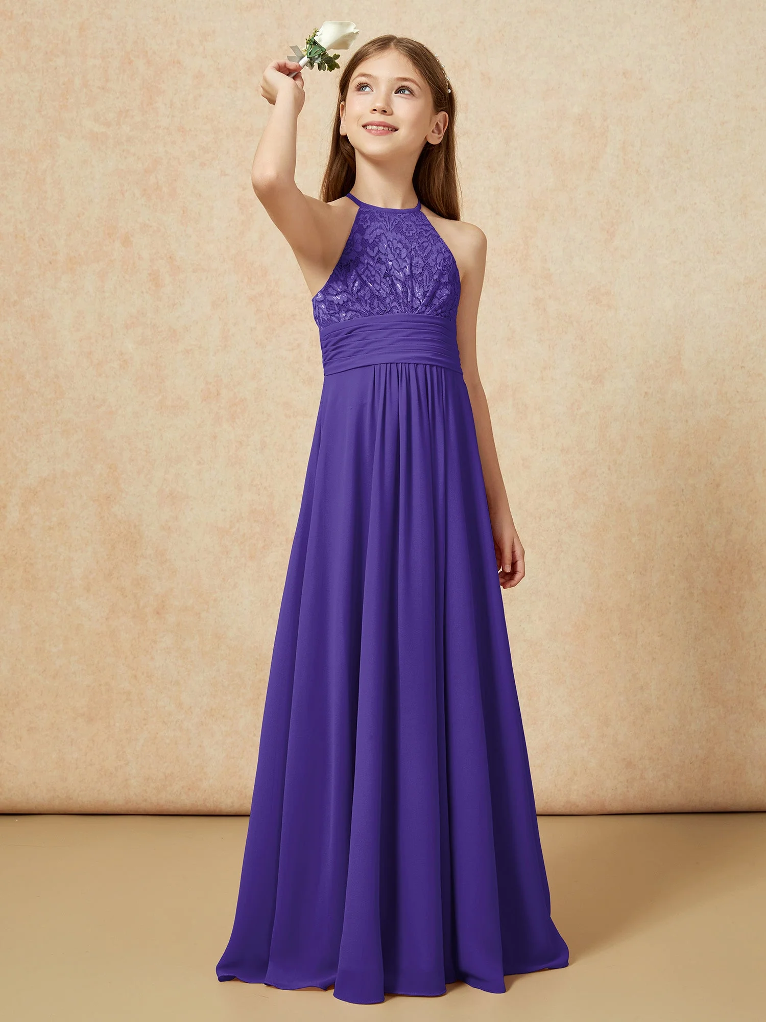Halshalter Spitzen Oberteil Chiffon Junge Brautjungfernkleider Regentschaft