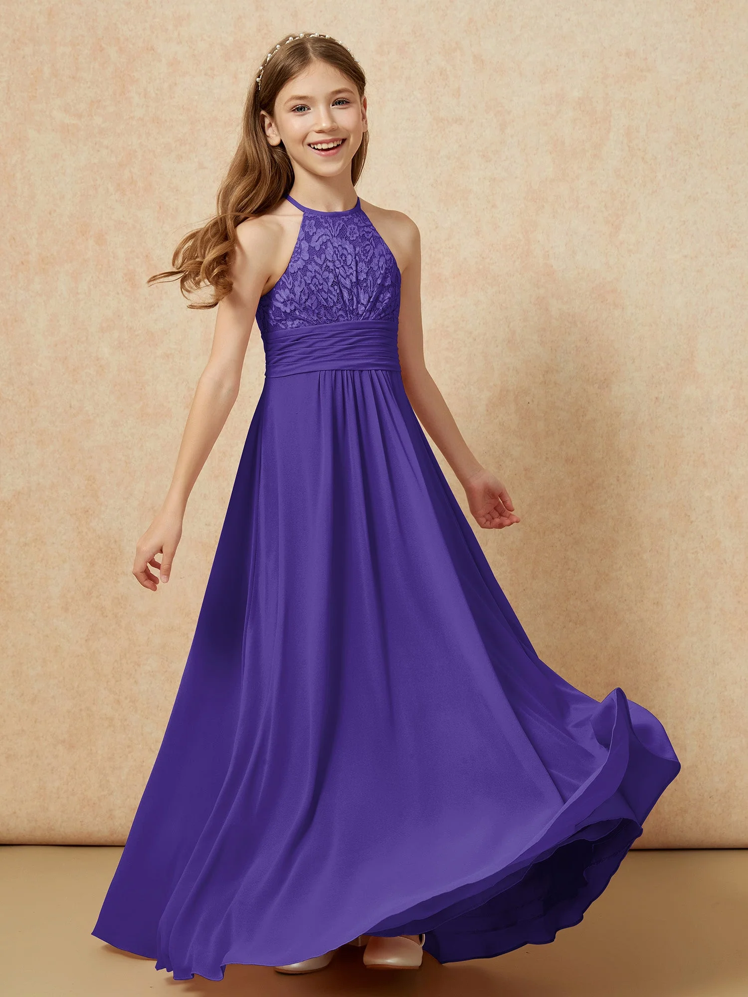 Halshalter Spitzen Oberteil Chiffon Junge Brautjungfernkleider Regentschaft - Image 4