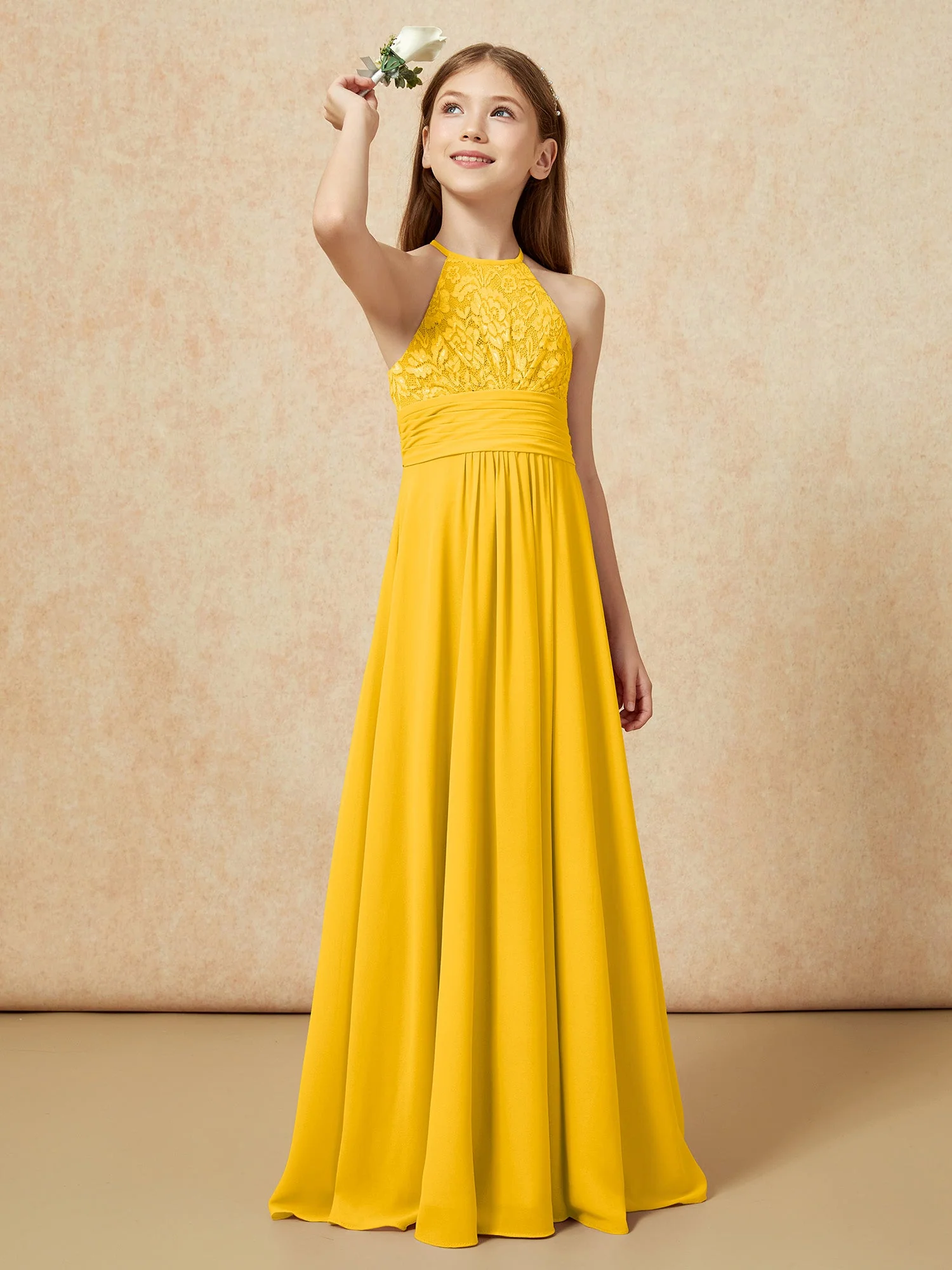 Halshalter Spitzen Oberteil Chiffon Junge Brautjungfernkleider Ringelblume