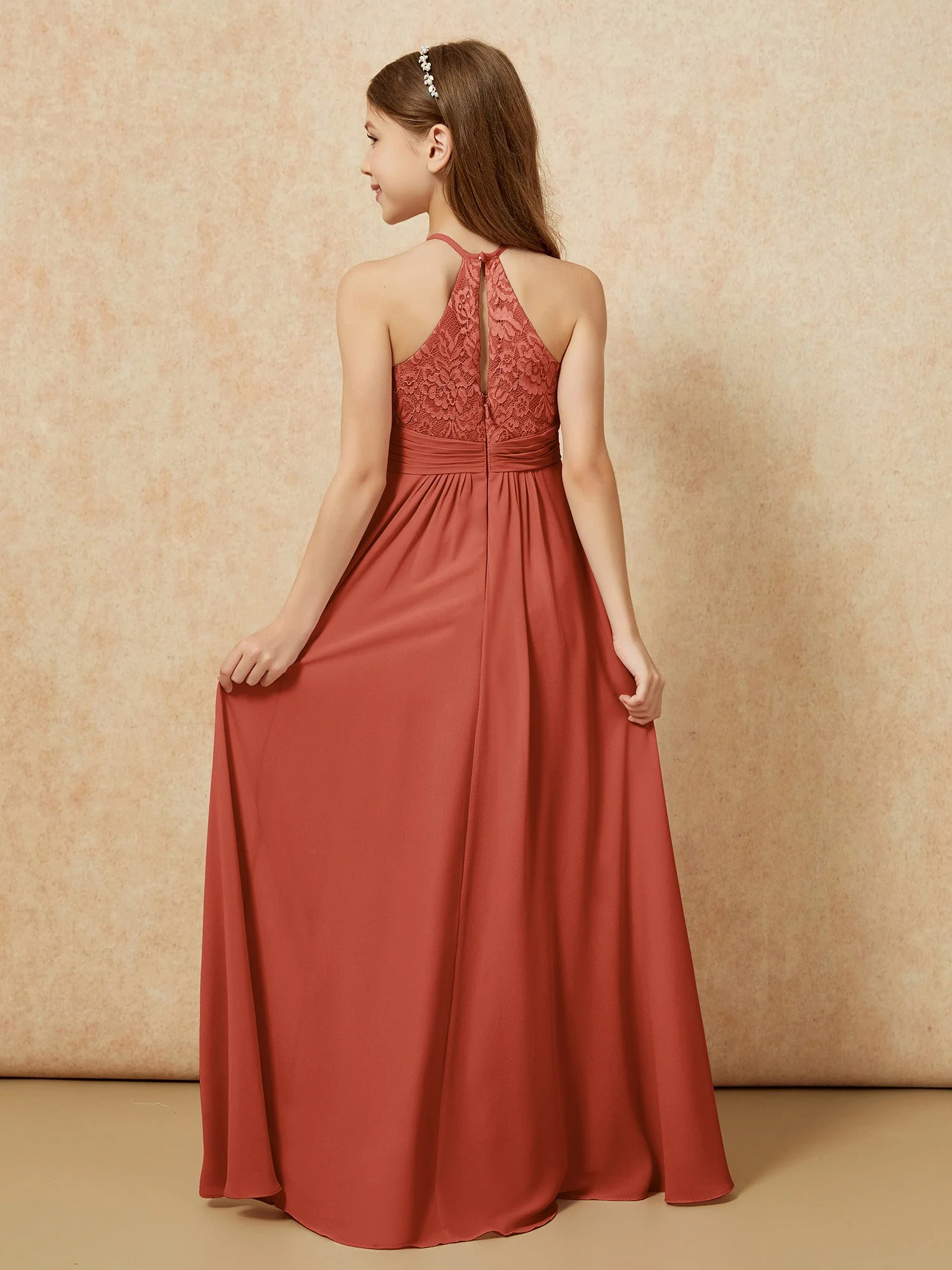 Halshalter Spitzen Oberteil Chiffon Junge Brautjungfernkleider Rost - Image 2