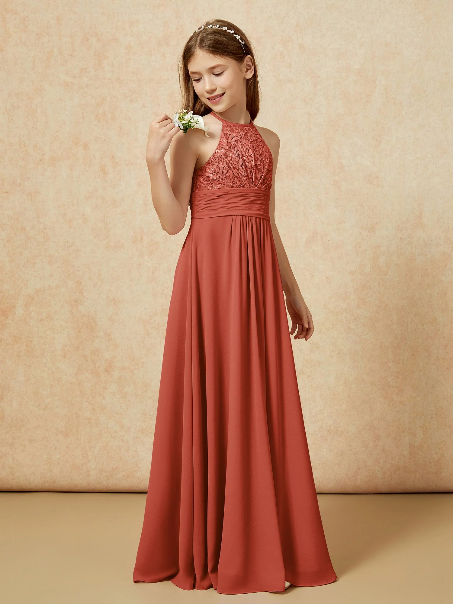 Halshalter Spitzen Oberteil Chiffon Junge Brautjungfernkleider Rost - Image 3