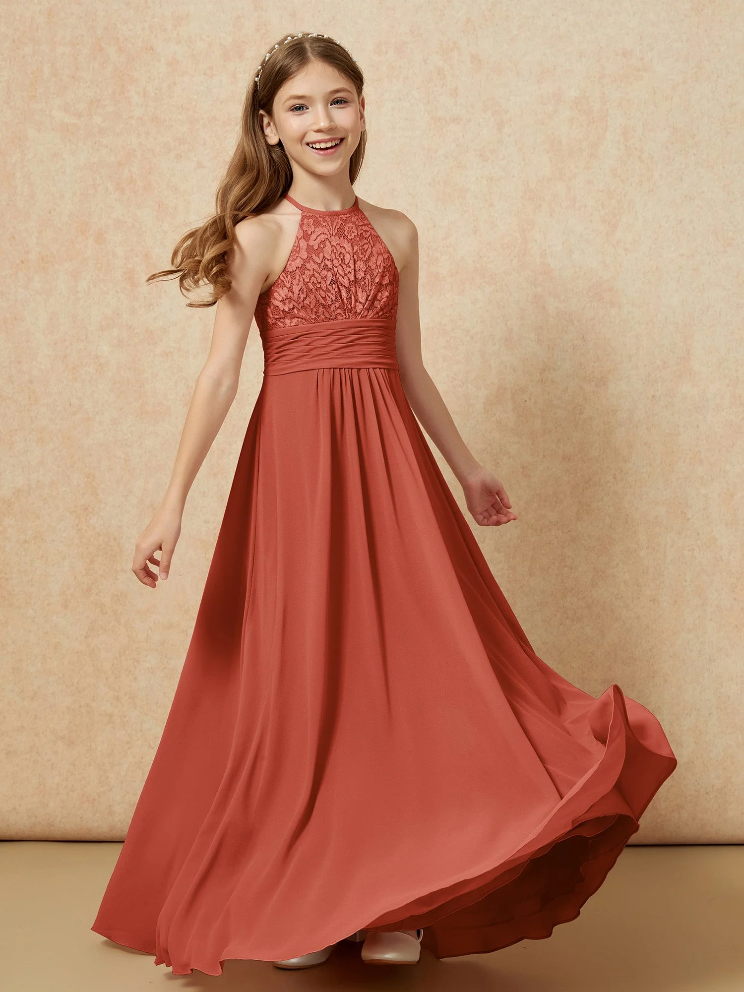 Halshalter Spitzen Oberteil Chiffon Junge Brautjungfernkleider Rost - Image 4