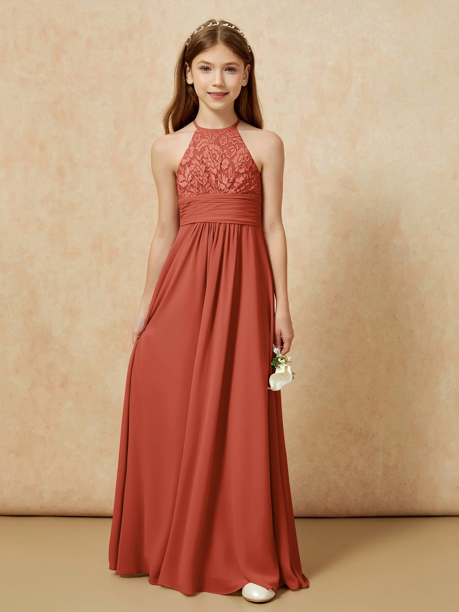 Halshalter Spitzen Oberteil Chiffon Junge Brautjungfernkleider Rost - Image 7