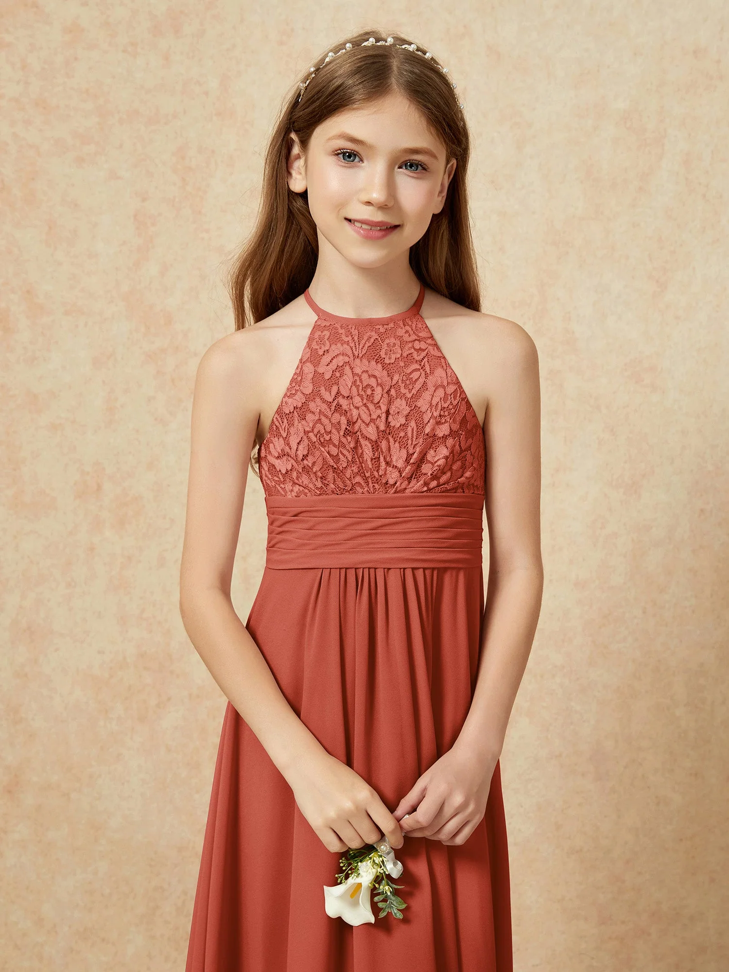 Halshalter Spitzen Oberteil Chiffon Junge Brautjungfernkleider Rost - Image 8