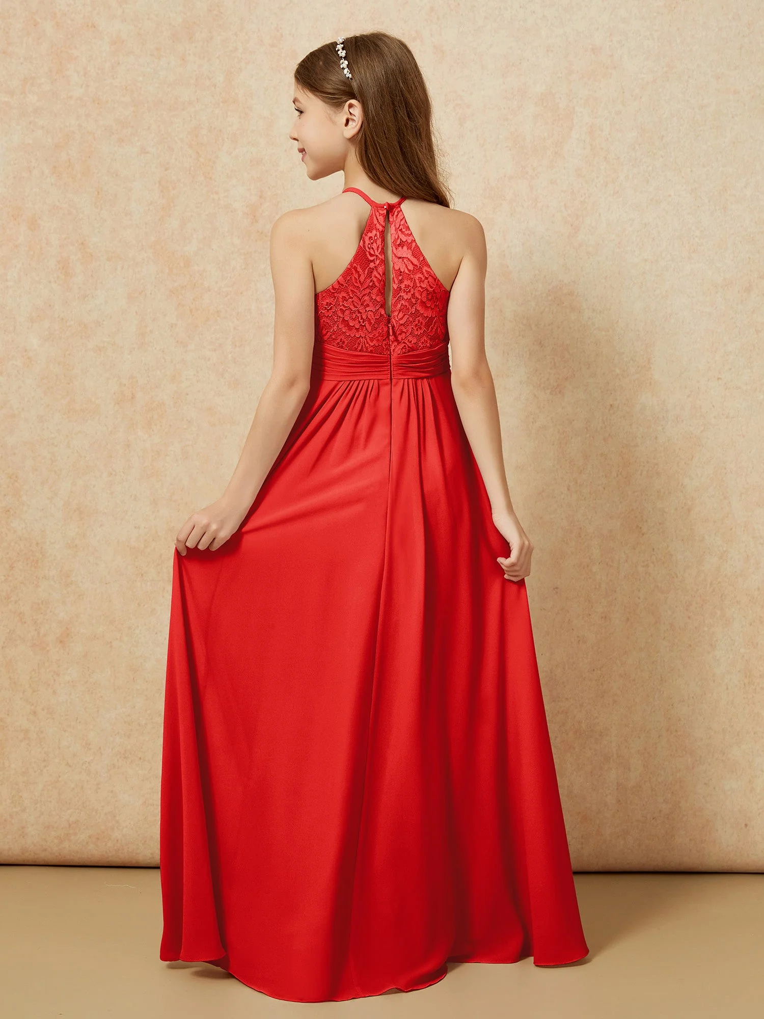 Halshalter Spitzen Oberteil Chiffon Junge Brautjungfernkleider Rot - Image 2