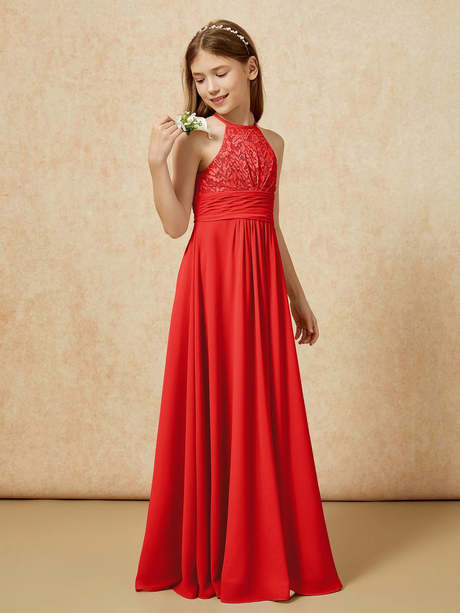 Halshalter Spitzen Oberteil Chiffon Junge Brautjungfernkleider Rot - Image 3
