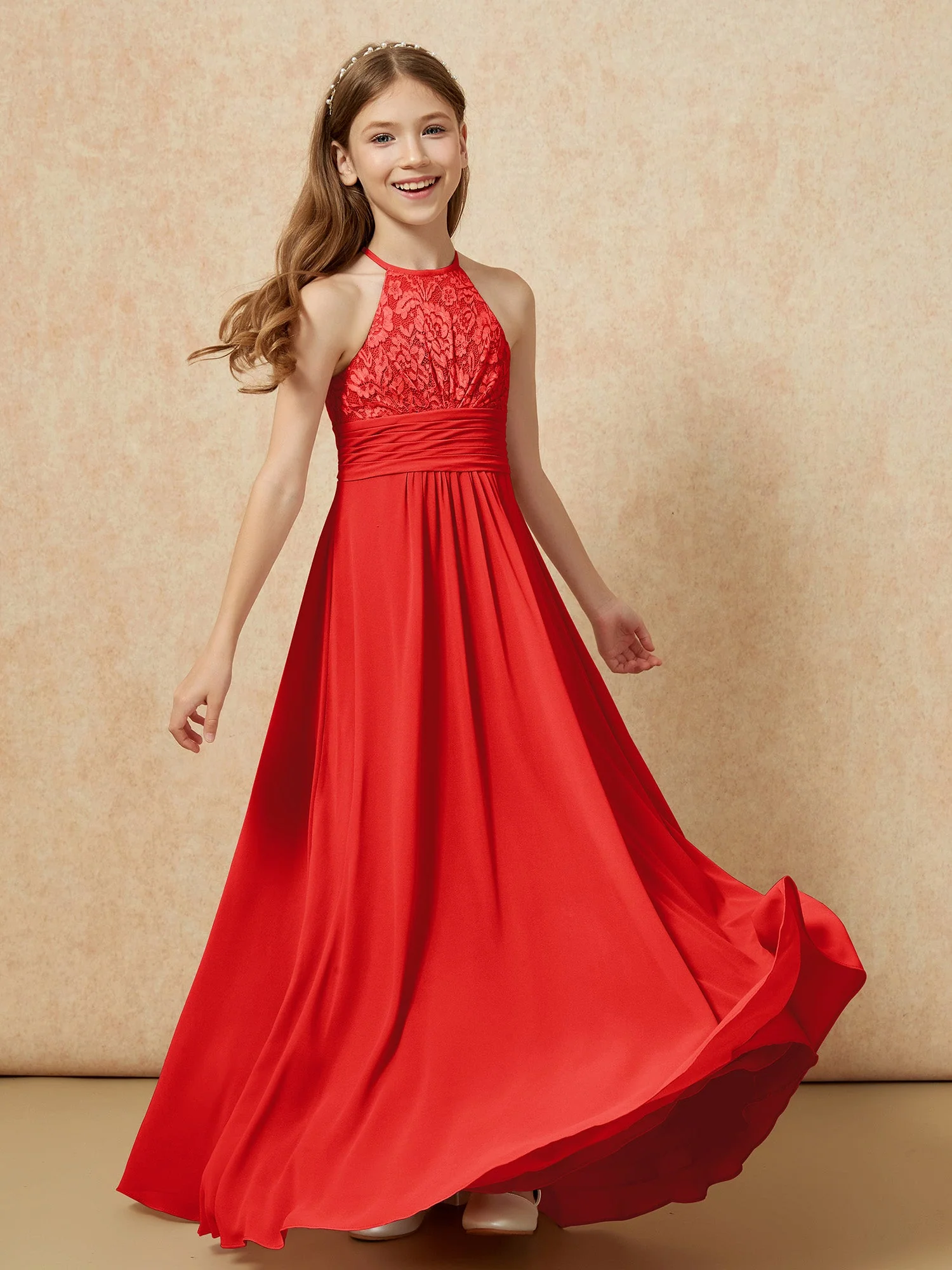 Halshalter Spitzen Oberteil Chiffon Junge Brautjungfernkleider Rot - Image 4